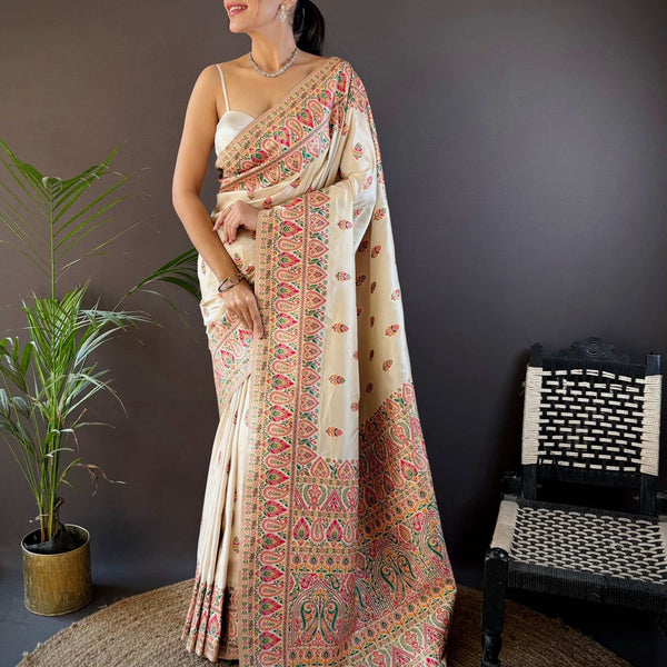 Sonakshi Women's Off White Pashmina Silk Zari Woven Traditional Saree with Blouse - Distacart
