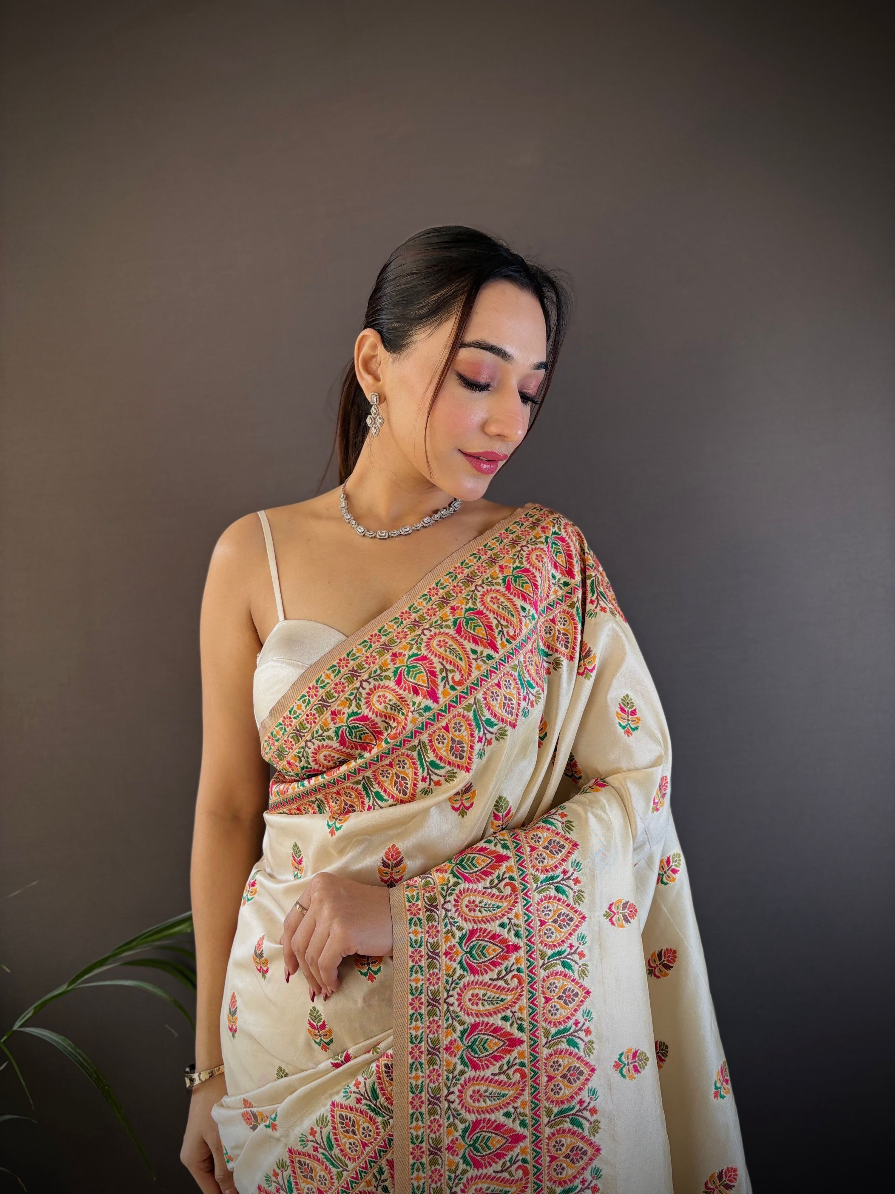 Sonakshi Women's Off White Pashmina Silk Zari Woven Traditional Saree with Blouse