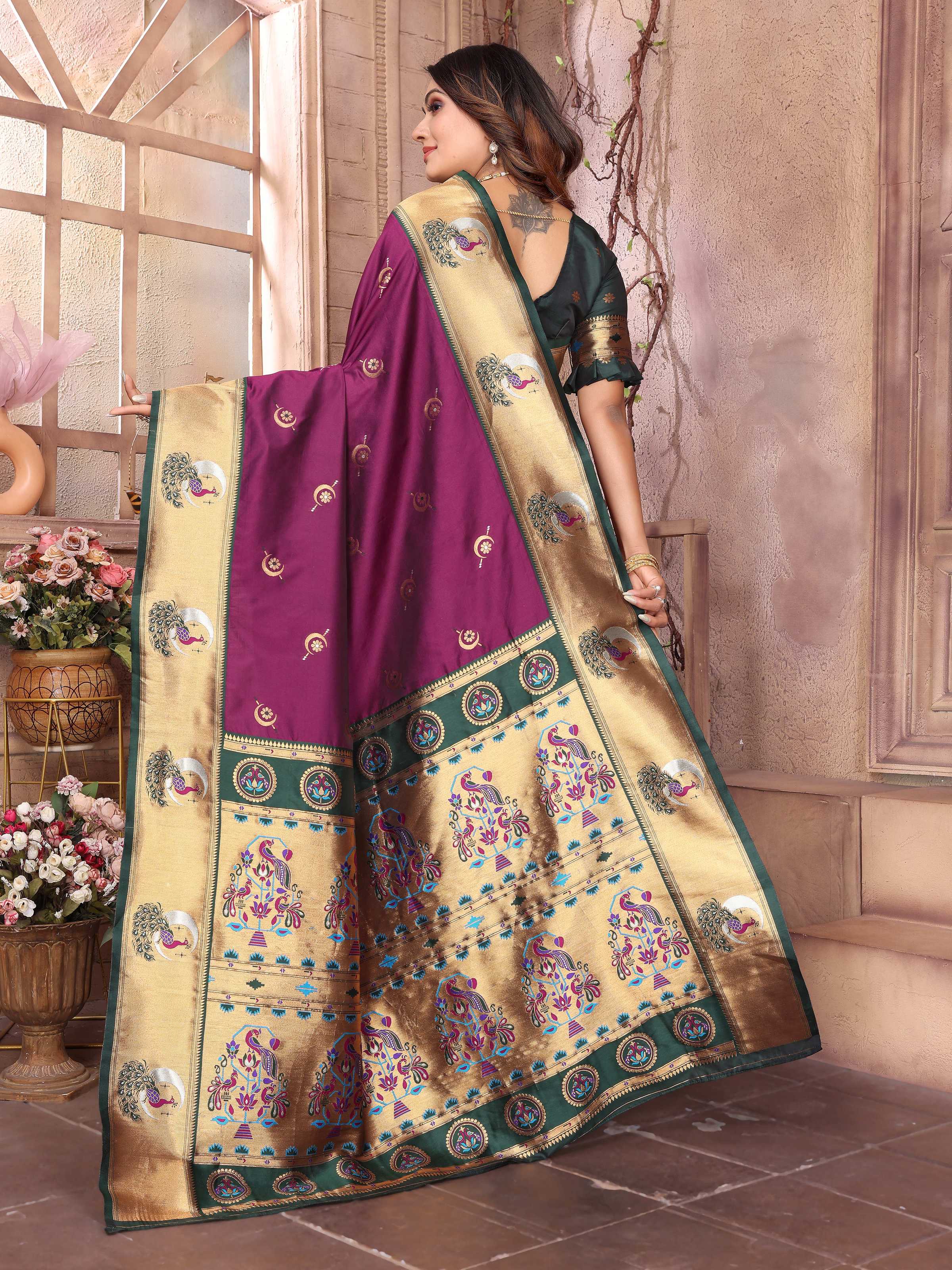 Sonakshi Women's Wine Paithani Silk Zari Woven Traditional Saree with Blouse