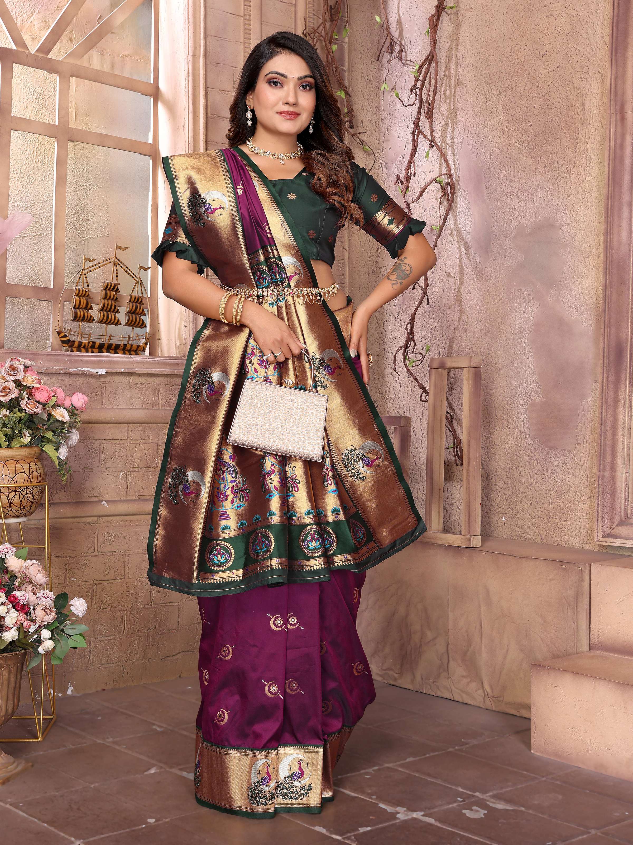 Sonakshi Women's Wine Paithani Silk Zari Woven Traditional Saree with Blouse