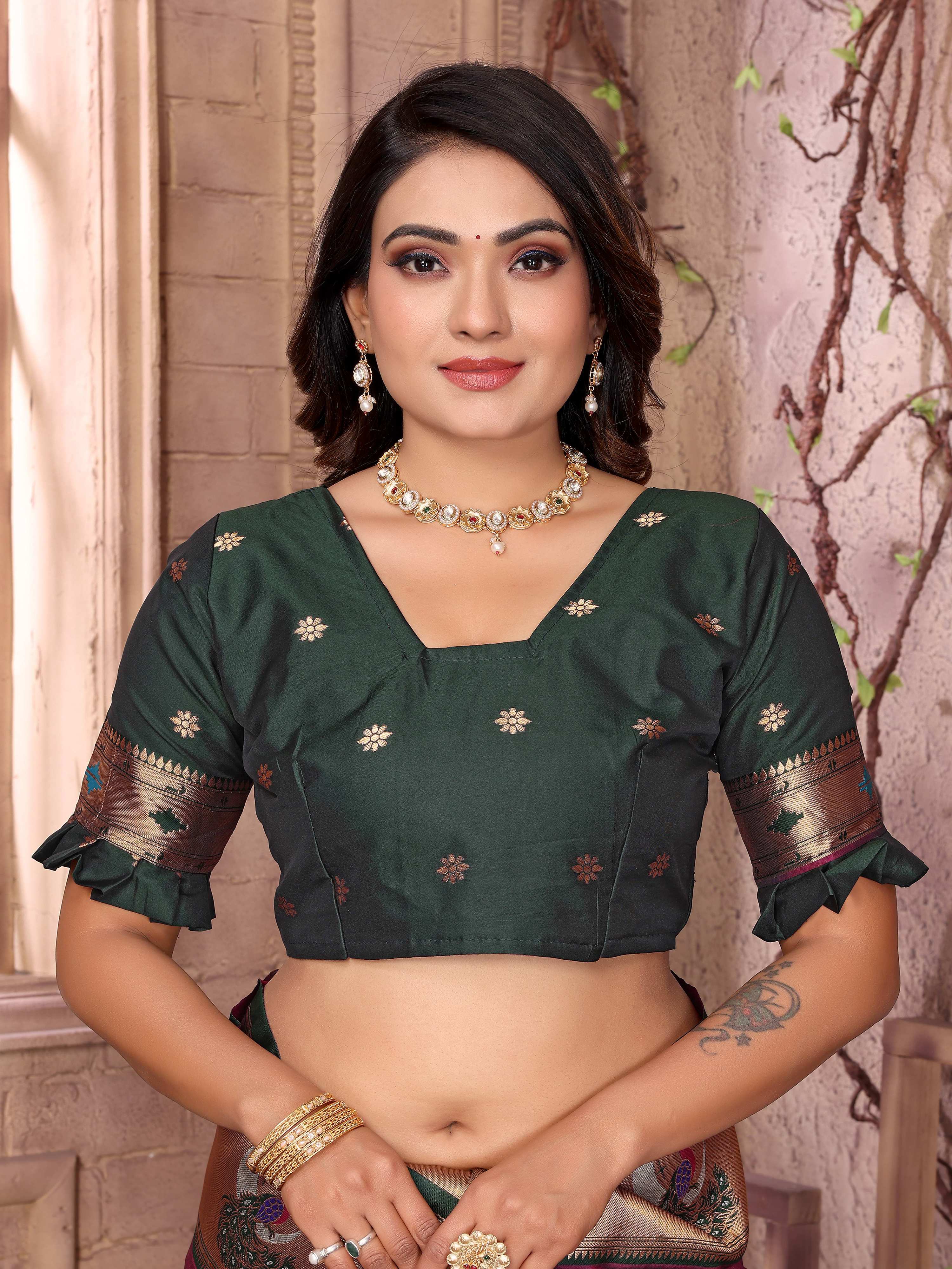 Sonakshi Women's Wine Paithani Silk Zari Woven Traditional Saree with Blouse