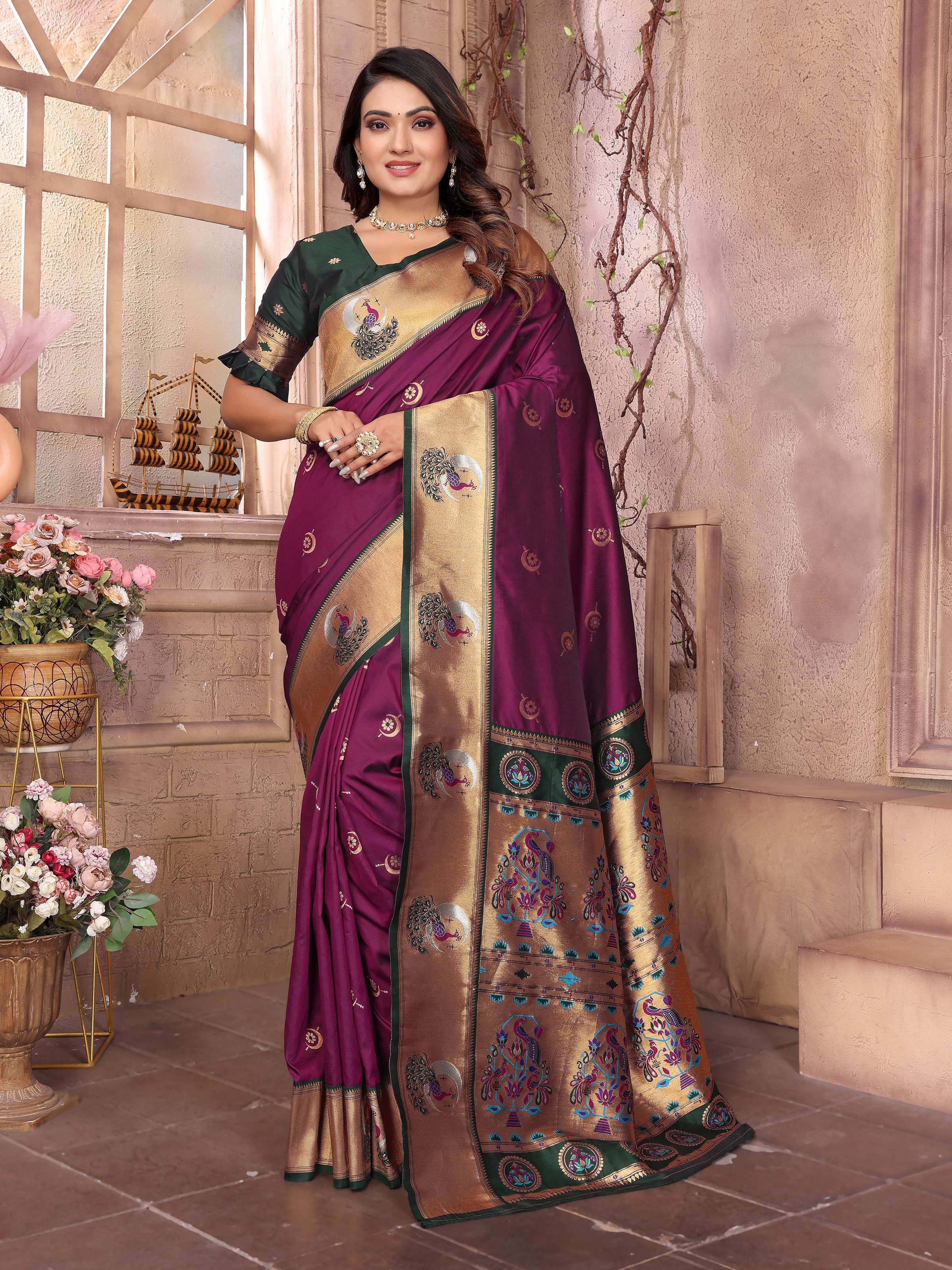 Sonakshi Women's Wine Paithani Silk Zari Woven Traditional Saree with Blouse - Distacart
