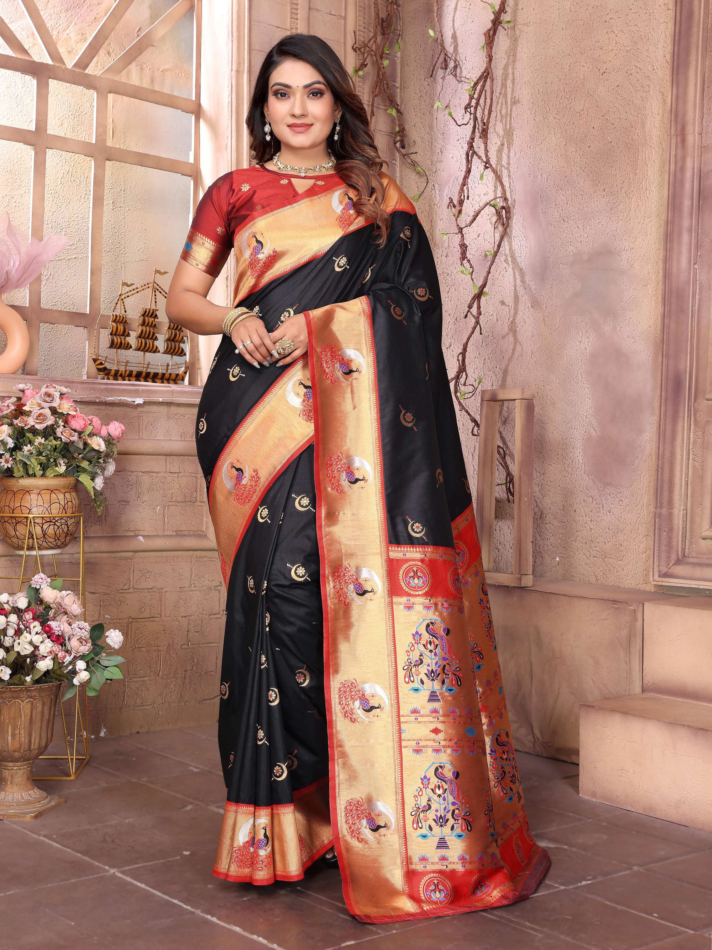 Sonakshi Women's Black Paithani Silk Zari Woven Traditional Saree with Blouse - Distacart