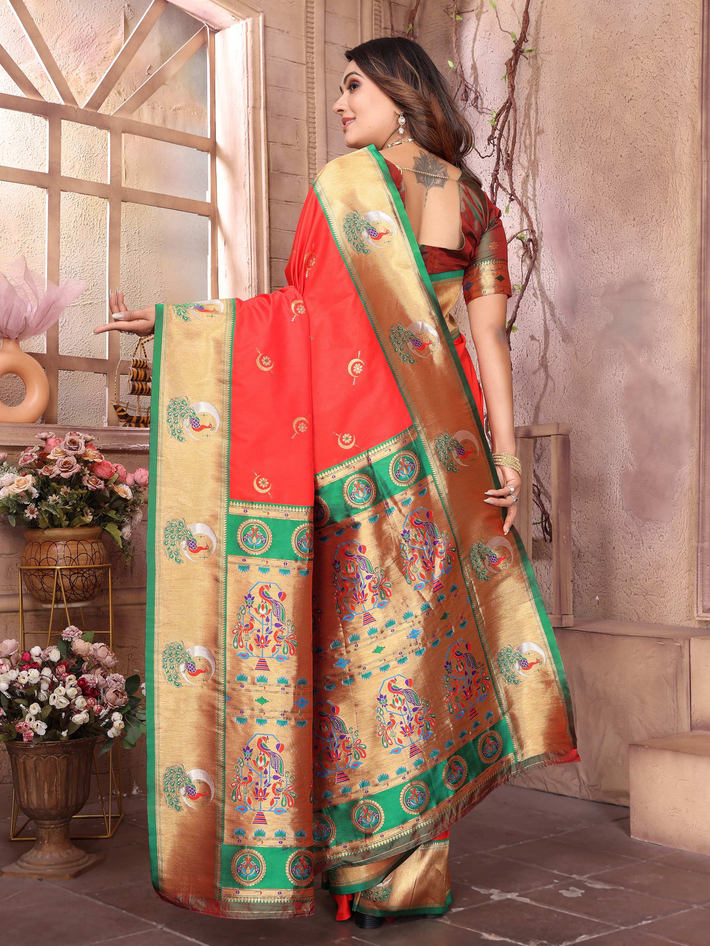 Sonakshi Women's Gajri Paithani Silk Zari Woven Traditional Saree with Blouse