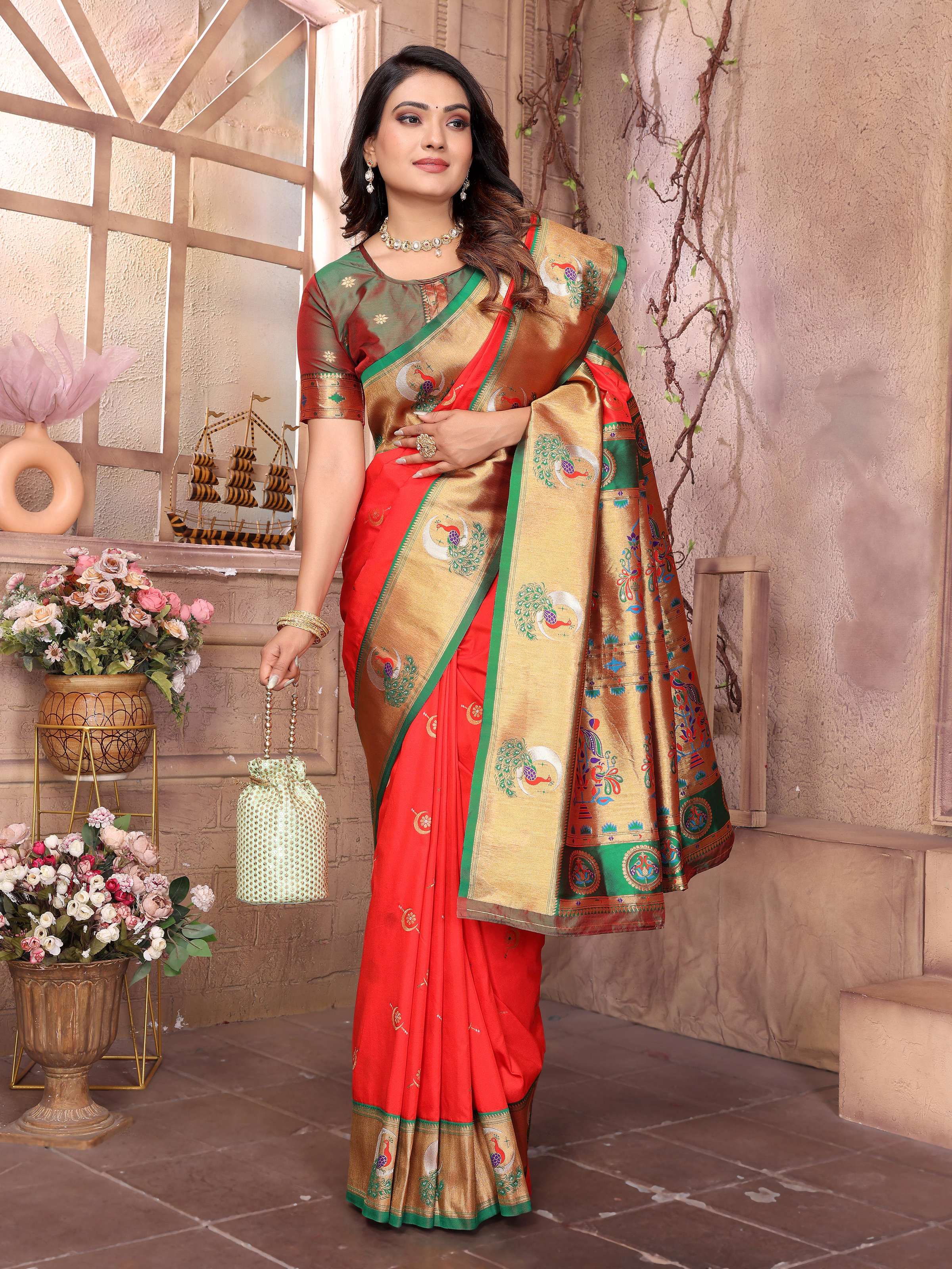 Sonakshi Women's Gajri Paithani Silk Zari Woven Traditional Saree with Blouse