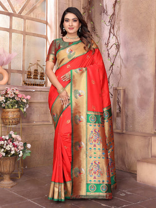 Sonakshi Women's Gajri Paithani Silk Zari Woven Traditional Saree with Blouse