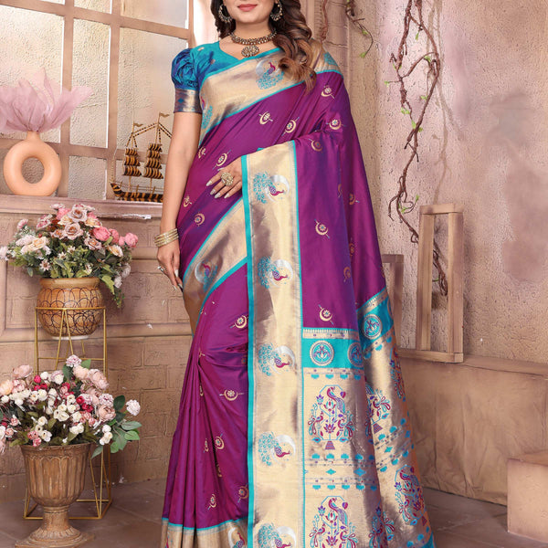 Sonakshi Women's Purple Paithani Silk Zari Woven Traditional Saree with Blouse - Distacart