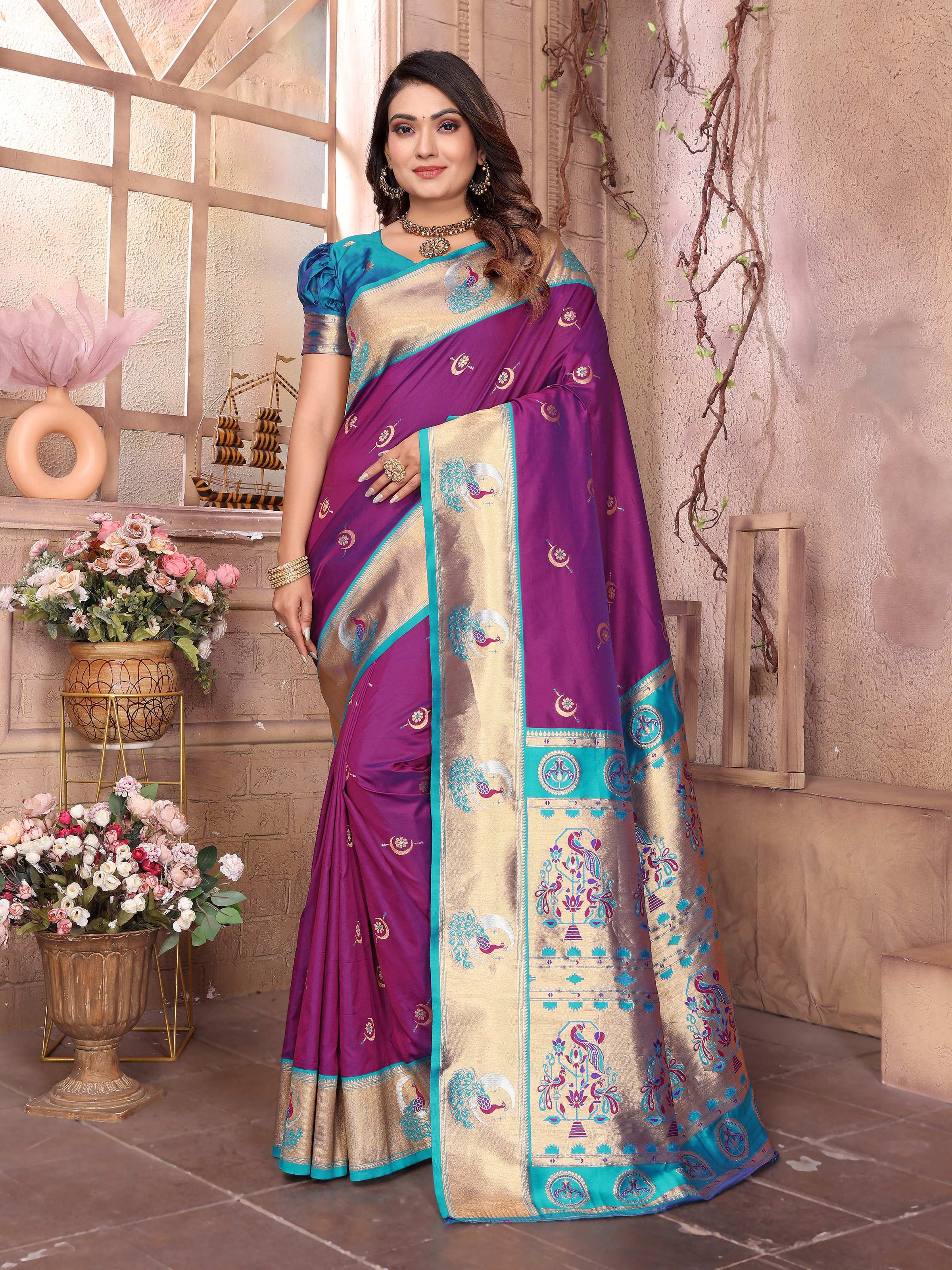 Sonakshi Women's Purple Paithani Silk Zari Woven Traditional Saree with Blouse - Distacart