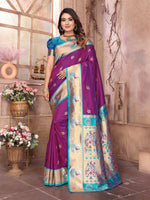 Thumbnail for Sonakshi Women's Purple Paithani Silk Zari Woven Traditional Saree with Blouse - Distacart