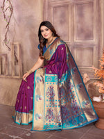 Thumbnail for Sonakshi Women's Purple Paithani Silk Zari Woven Traditional Saree with Blouse - Distacart
