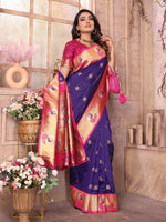 Thumbnail for Sonakshi Women's Blue Paithani Silk Zari Woven Traditional Saree with Blouse