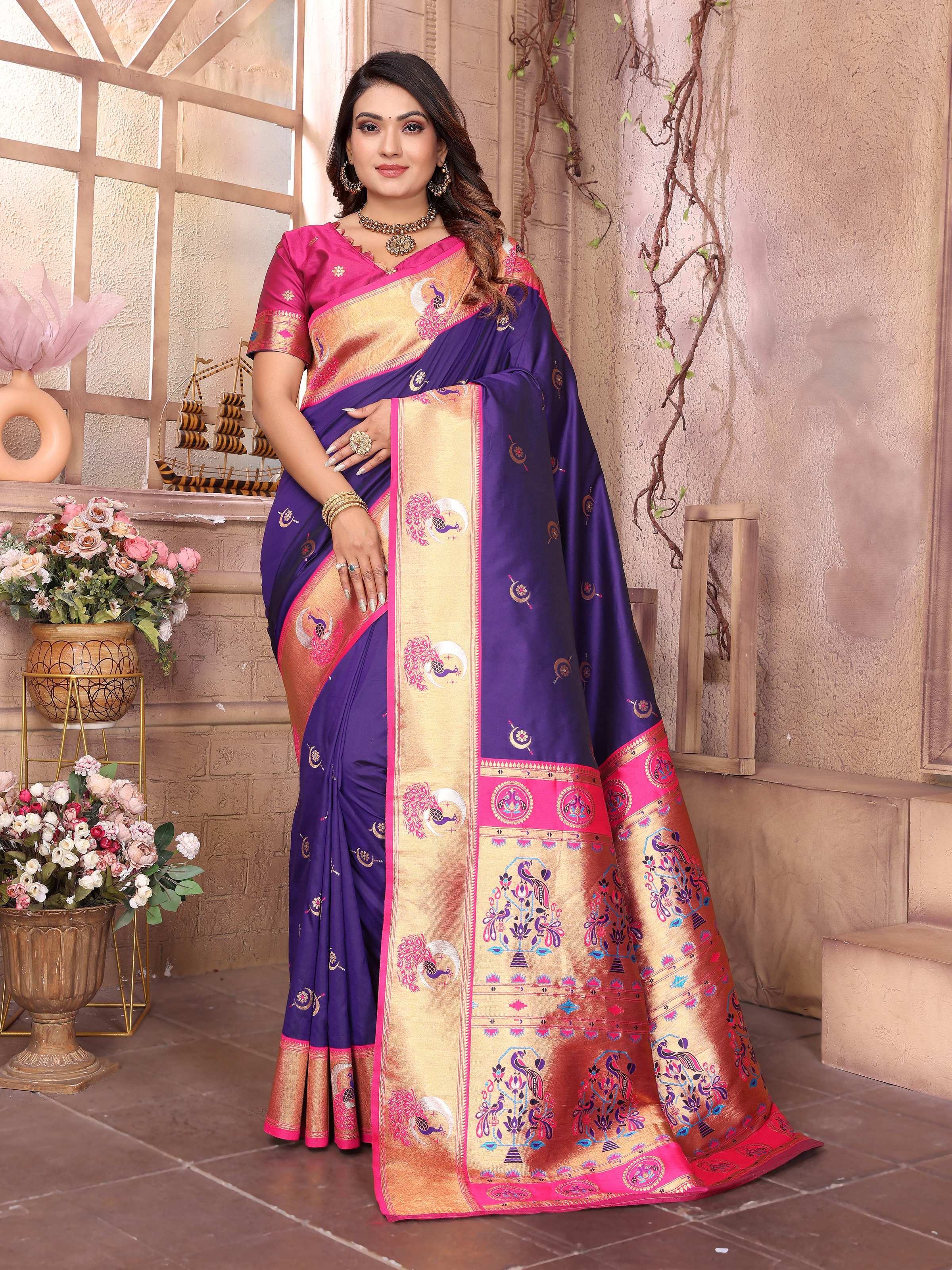 Sonakshi Women's Blue Paithani Silk Zari Woven Traditional Saree with Blouse