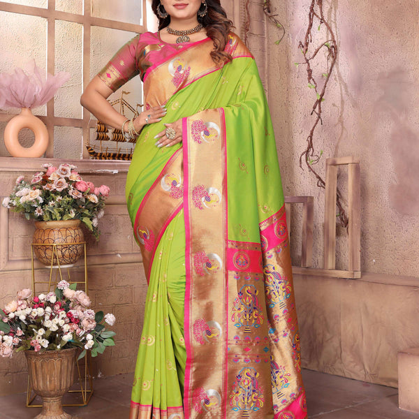 Sonakshi Women's Pista Green Paithani Silk Zari Woven Traditional Saree with Blouse - Distacart