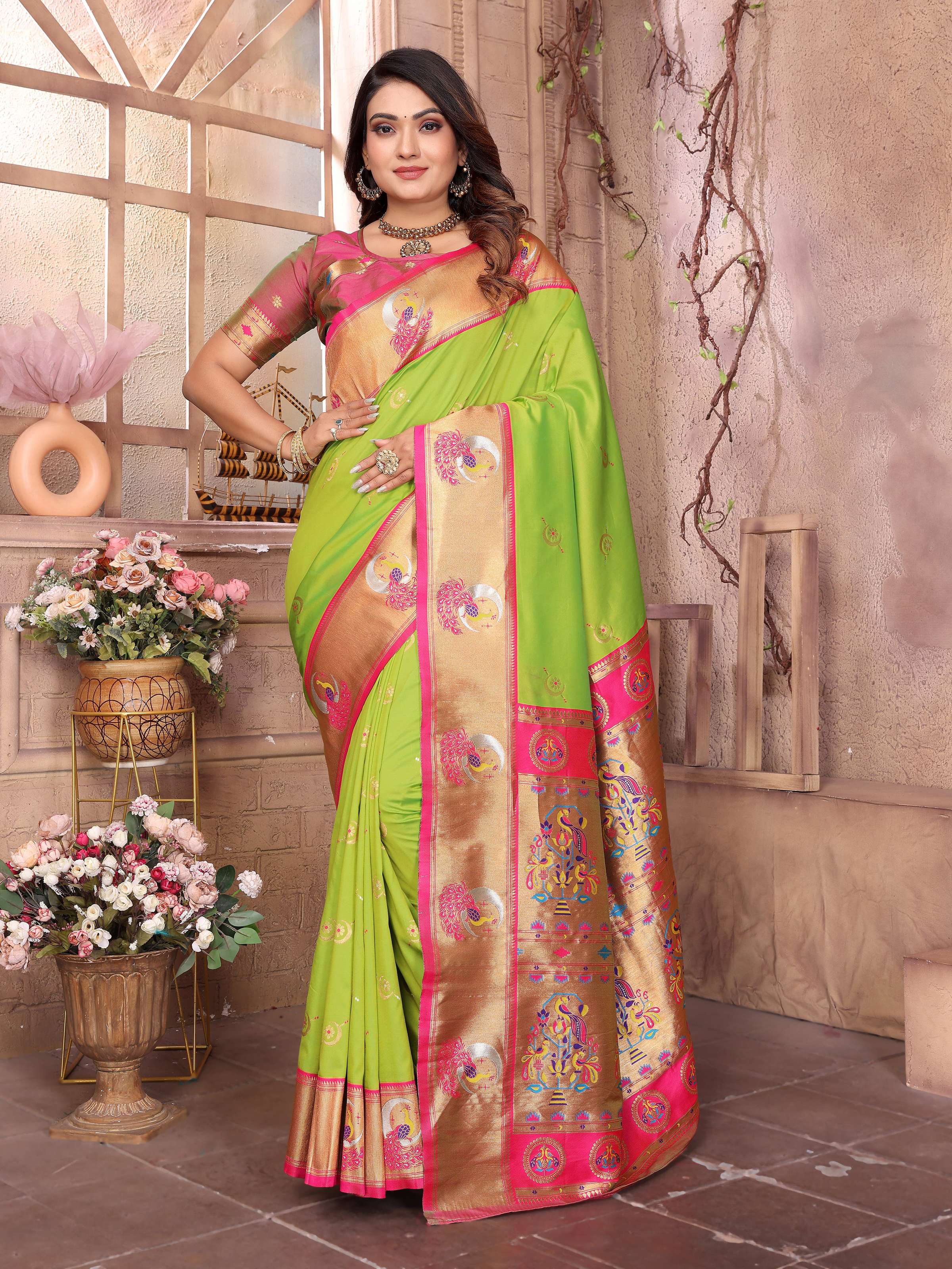 Sonakshi Women's Pista Green Paithani Silk Zari Woven Traditional Saree with Blouse - Distacart