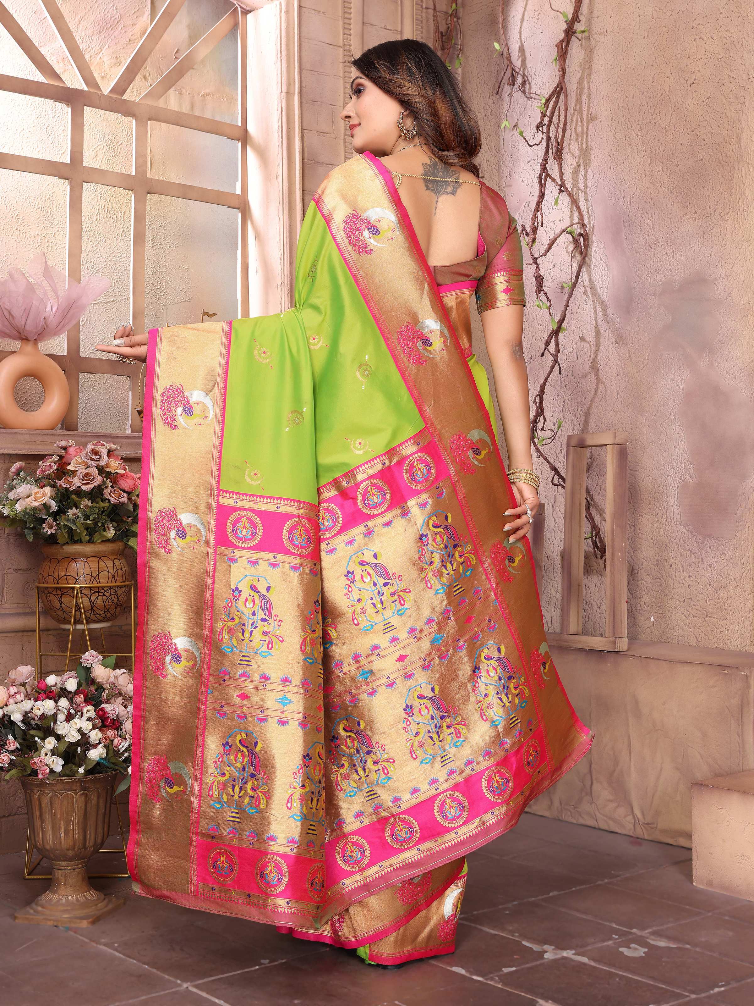 Sonakshi Women's Pista Green Paithani Silk Zari Woven Traditional Saree with Blouse