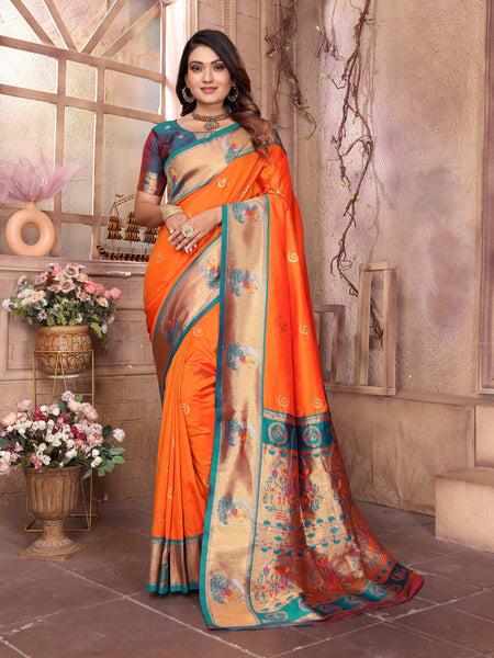 Sonakshi Women's Fenta Paithani Silk Zari Woven Traditional Saree with Blouse