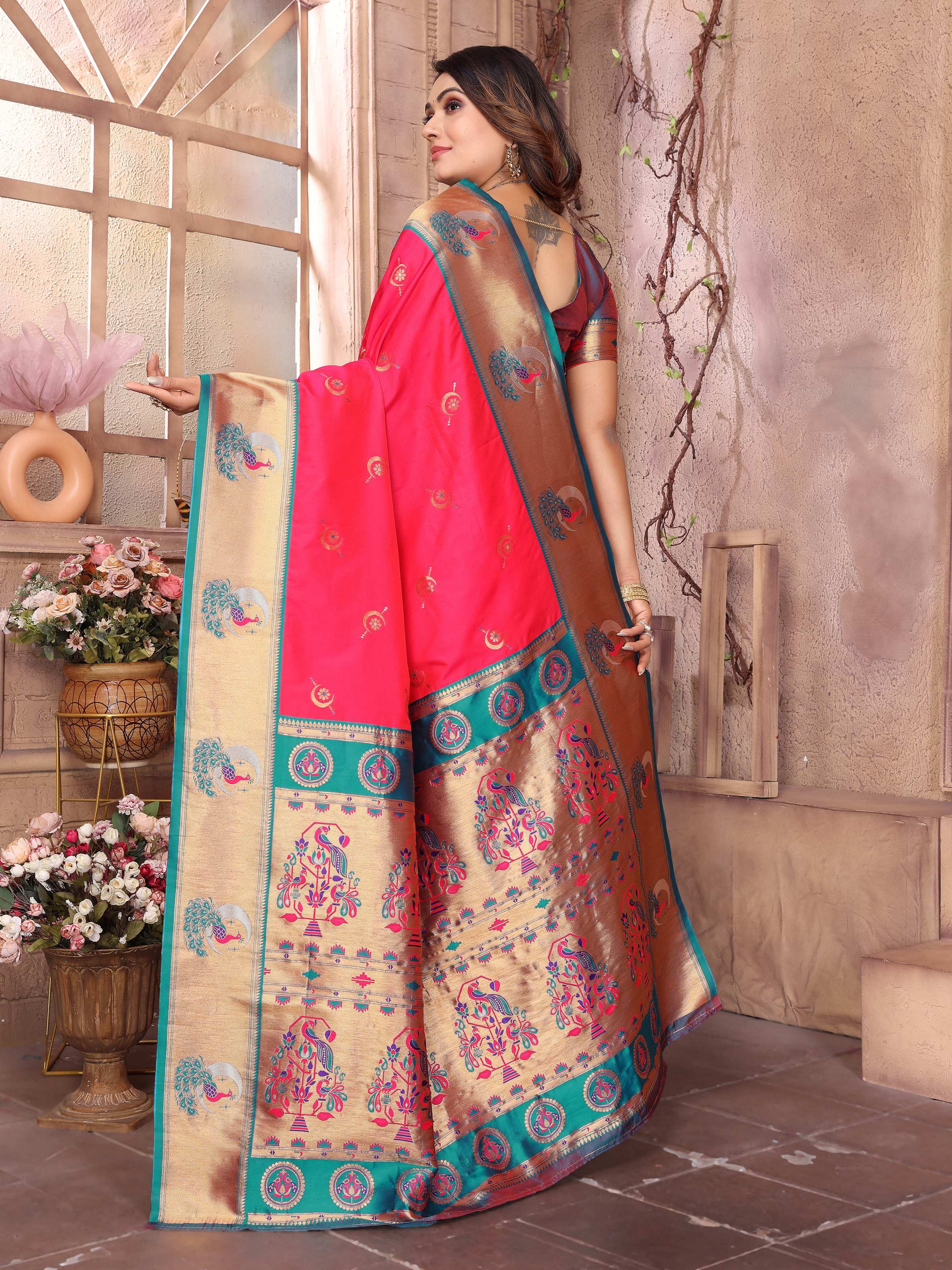 Sonakshi Women's Catonic Gajri Paithani Silk Zari Woven Traditional Saree with Blouse