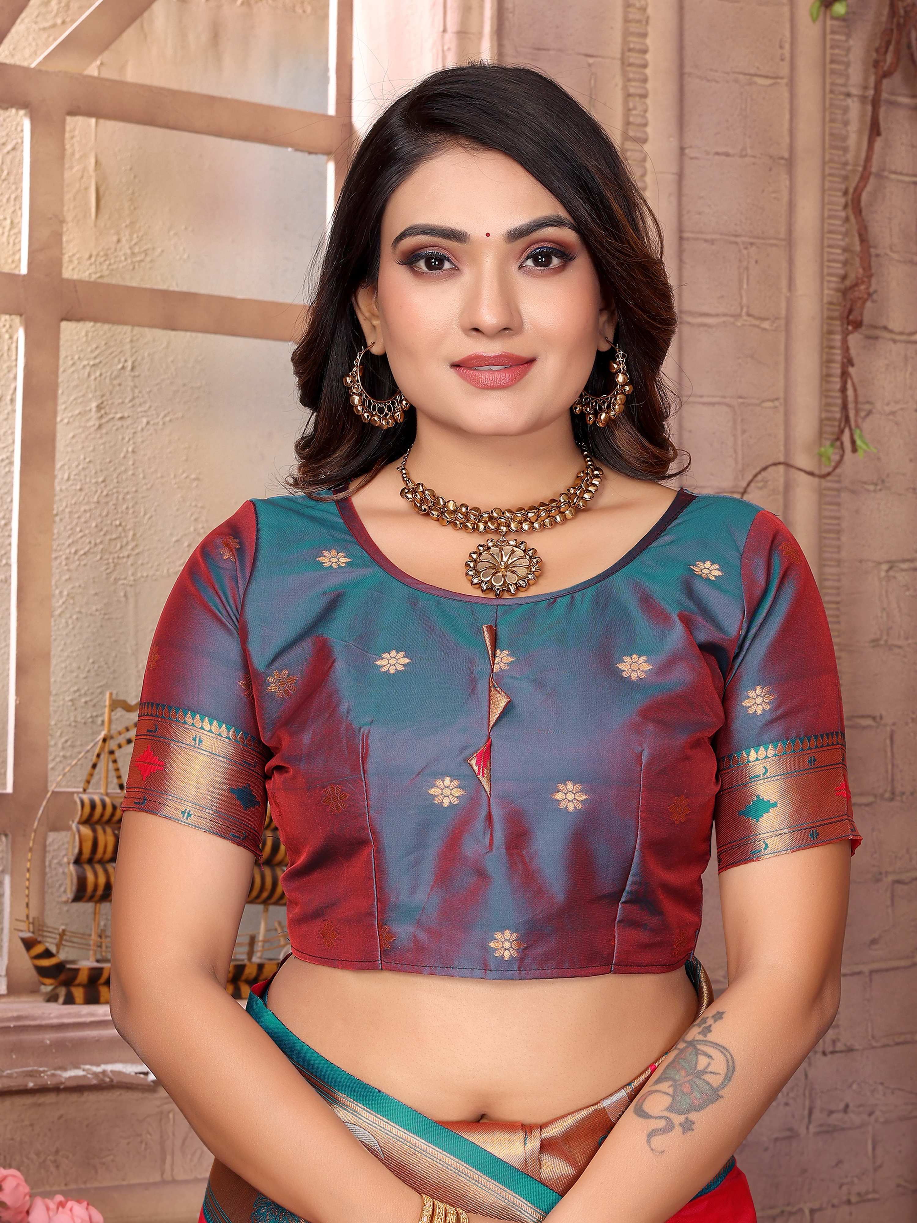 Sonakshi Women's Catonic Gajri Paithani Silk Zari Woven Traditional Saree with Blouse