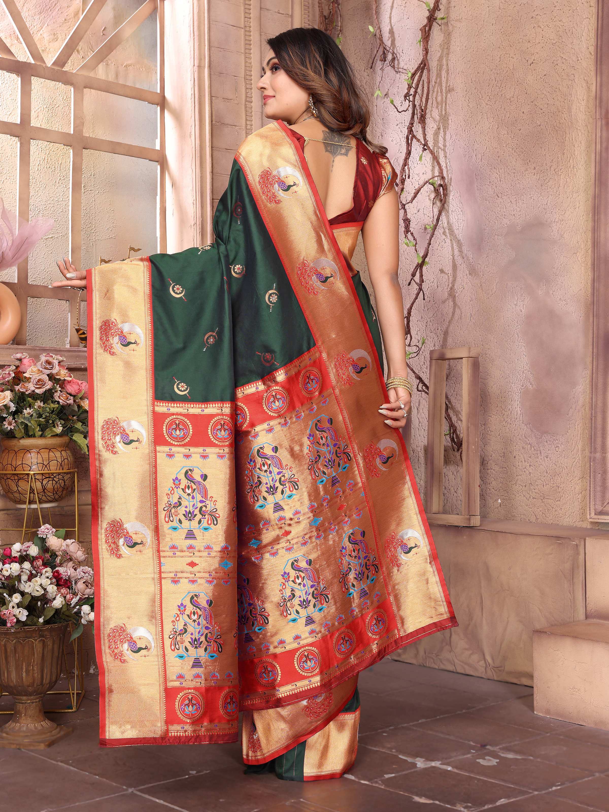 Sonakshi Women's Bottle Green Paithani Silk Zari Woven Traditional Saree with Blouse