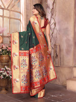 Thumbnail for Sonakshi Women's Bottle Green Paithani Silk Zari Woven Traditional Saree with Blouse