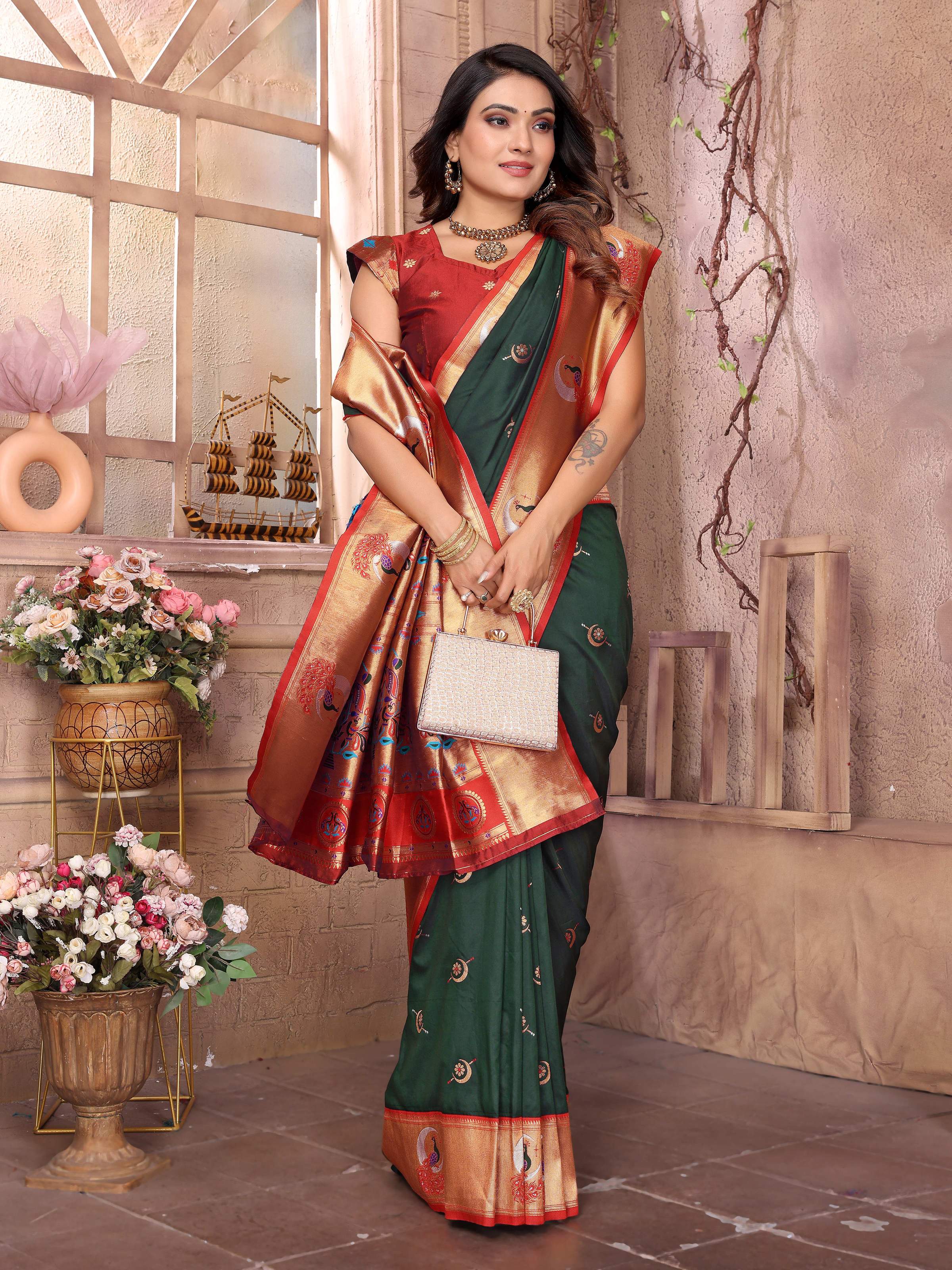 Sonakshi Women's Bottle Green Paithani Silk Zari Woven Traditional Saree with Blouse