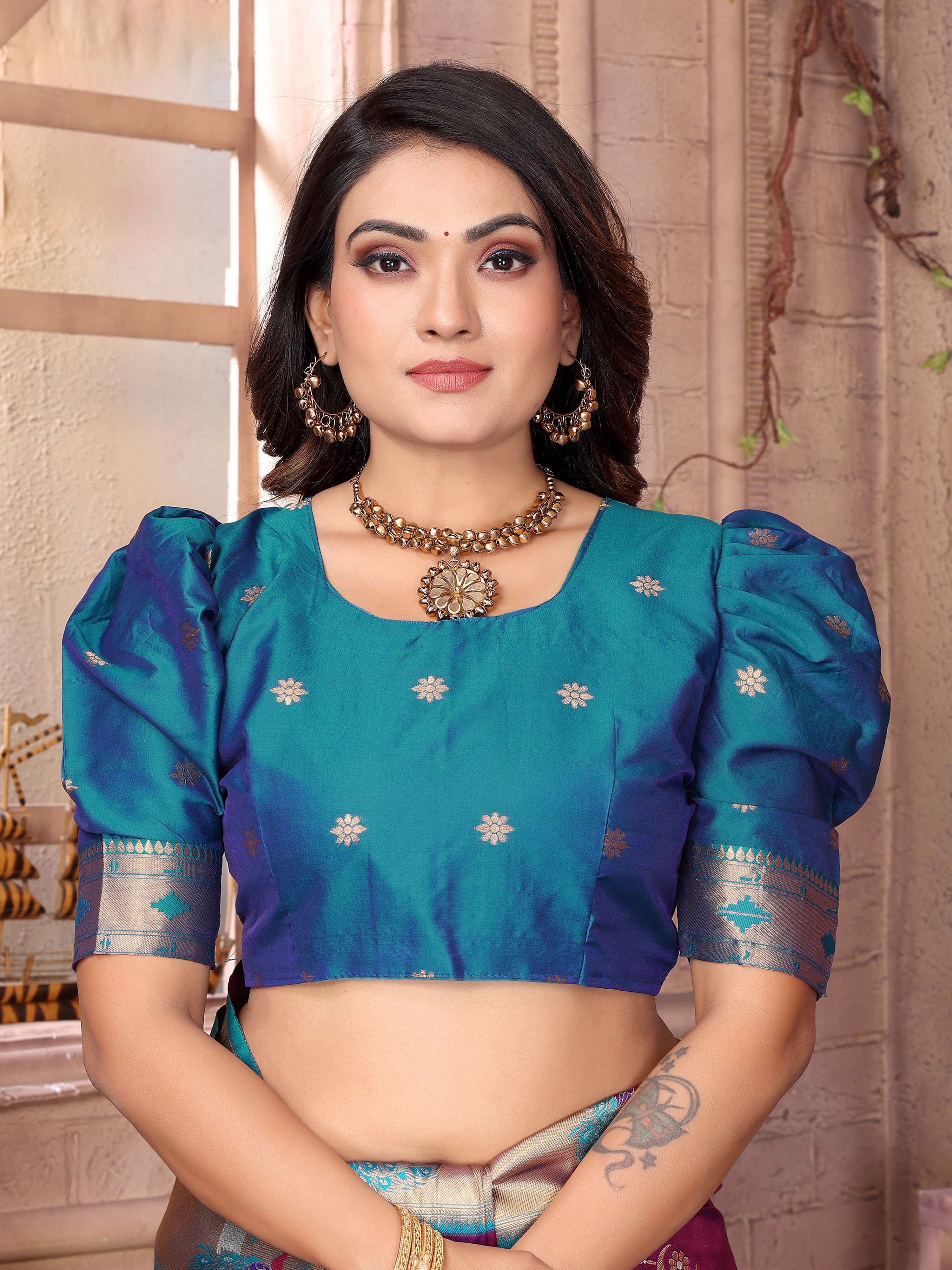 Sonakshi Women's Jamli Paithani Silk Zari Woven Traditional Saree with Blouse