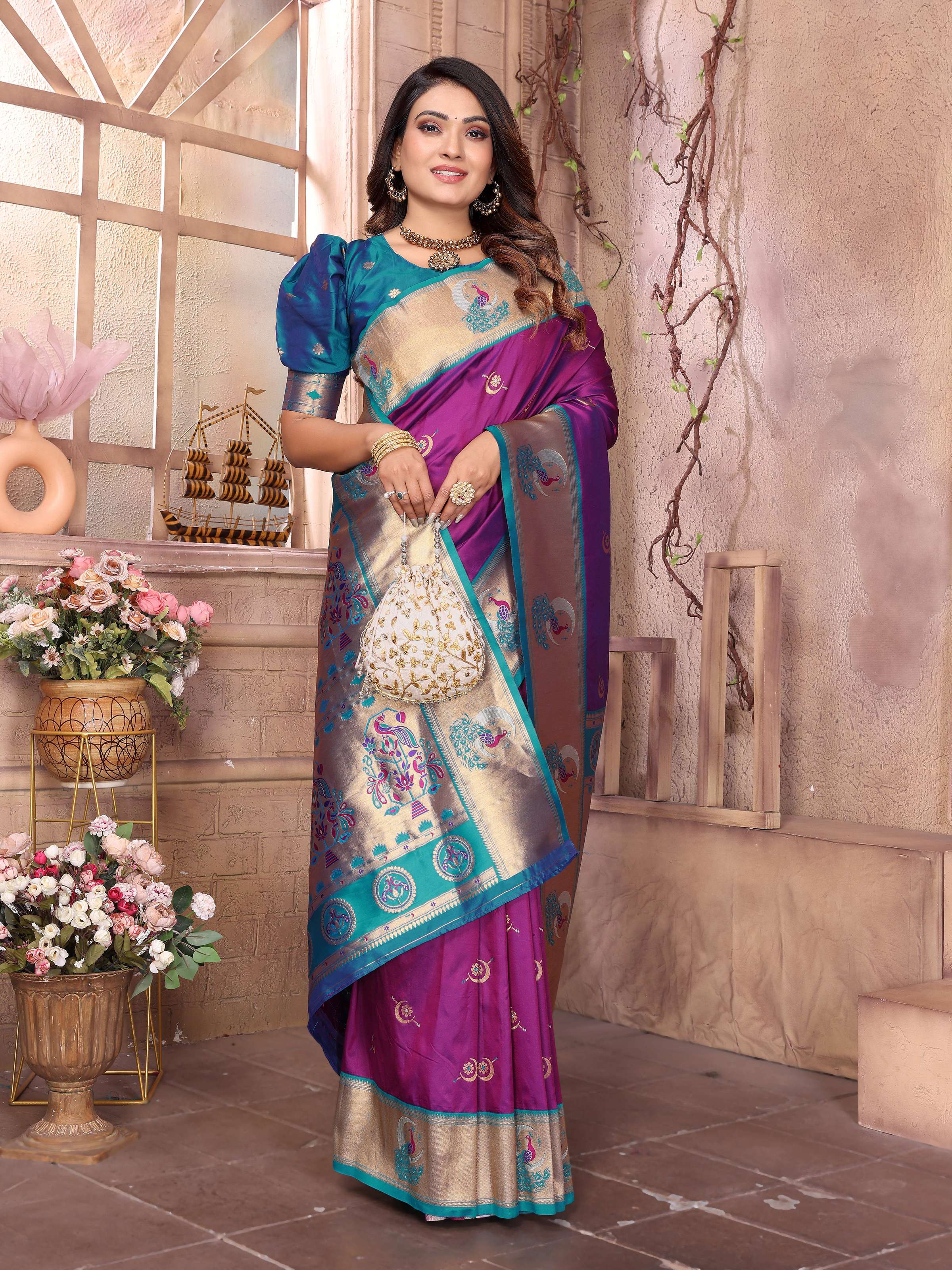 Sonakshi Women's Jamli Paithani Silk Zari Woven Traditional Saree with Blouse