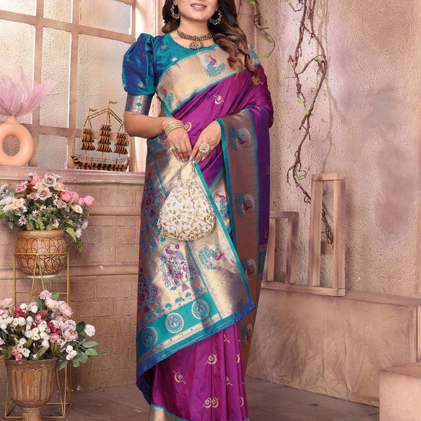 Sonakshi Women's Jamli Paithani Silk Zari Woven Traditional Saree with Blouse - Distacart