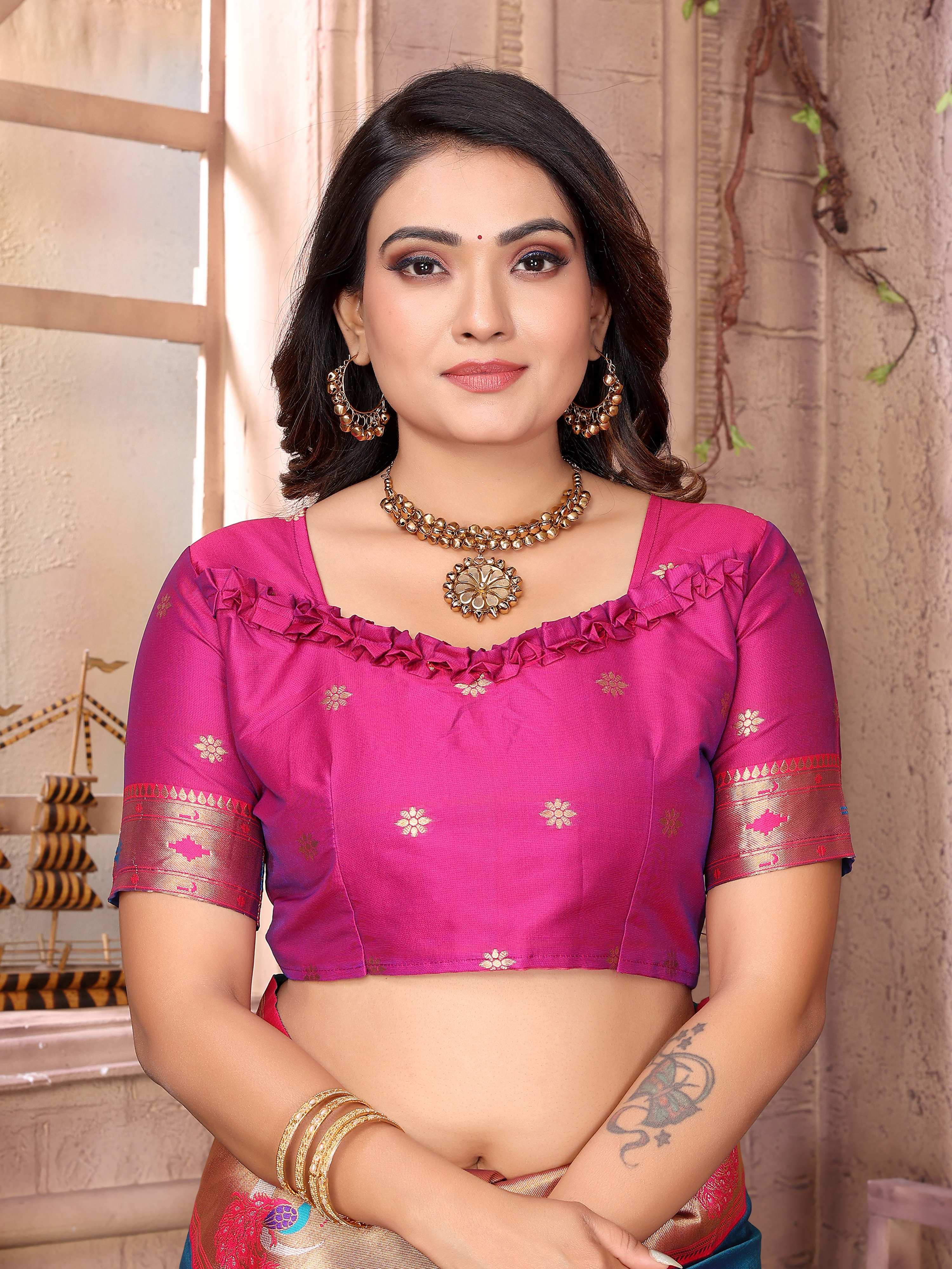 Sonakshi Women's Feroji Paithani Silk Zari Woven Traditional Saree with Blouse