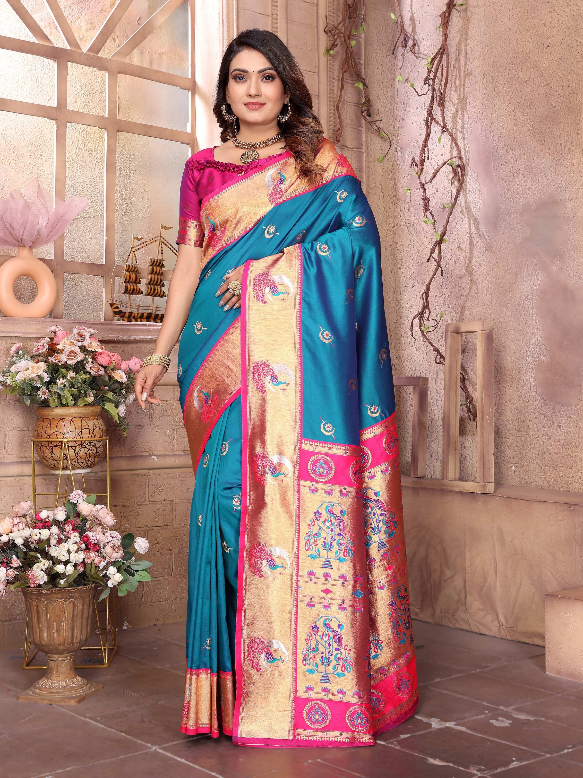 Sonakshi Women's Feroji Paithani Silk Zari Woven Traditional Saree with Blouse - Distacart