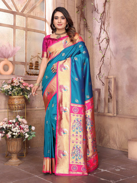 Sonakshi Women's Feroji Paithani Silk Zari Woven Traditional Saree with Blouse