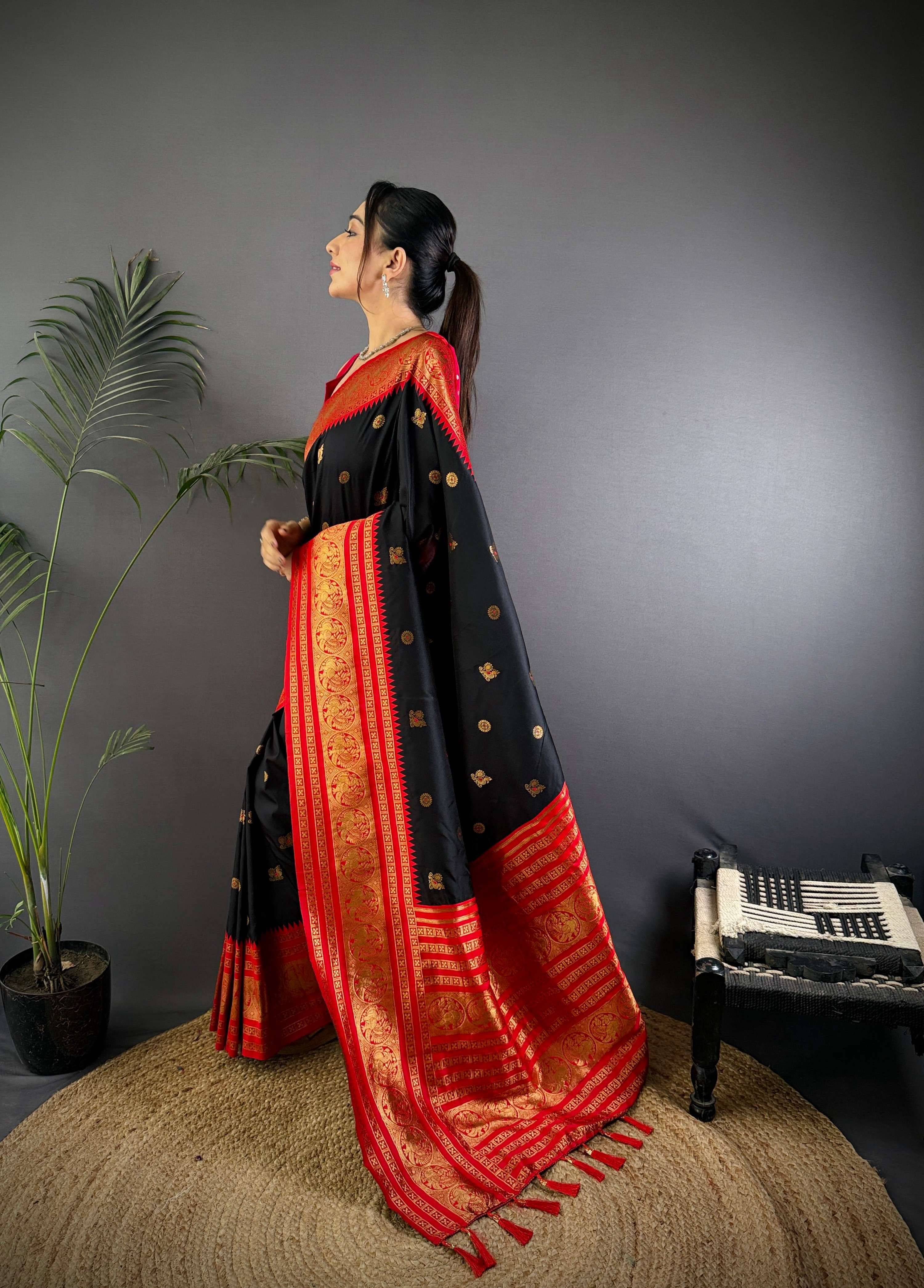 Sonakshi Women's Black Soft Silk Zari Woven Traditional Saree with Blouse