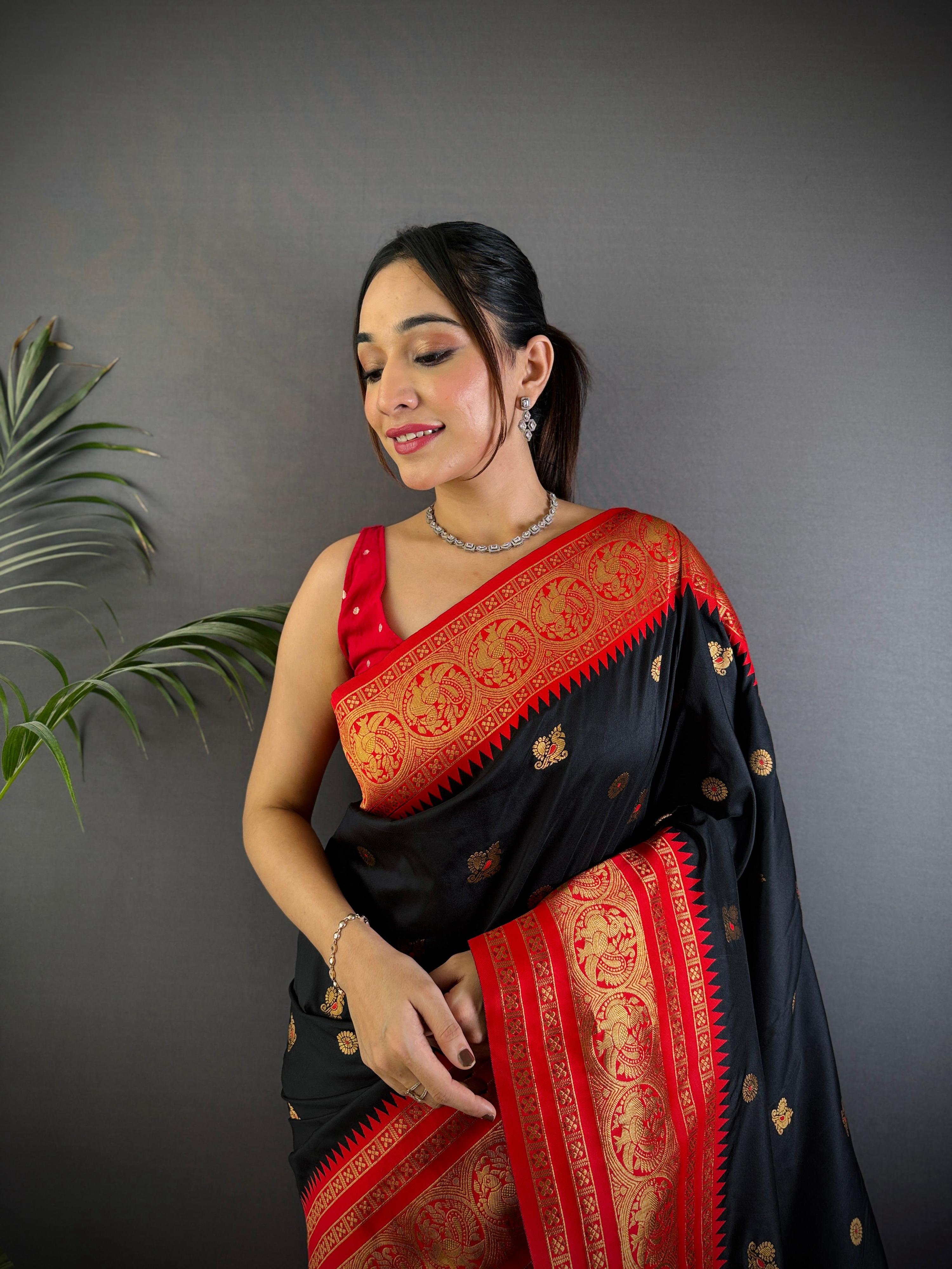 Sonakshi Women's Black Soft Silk Zari Woven Traditional Saree with Blouse