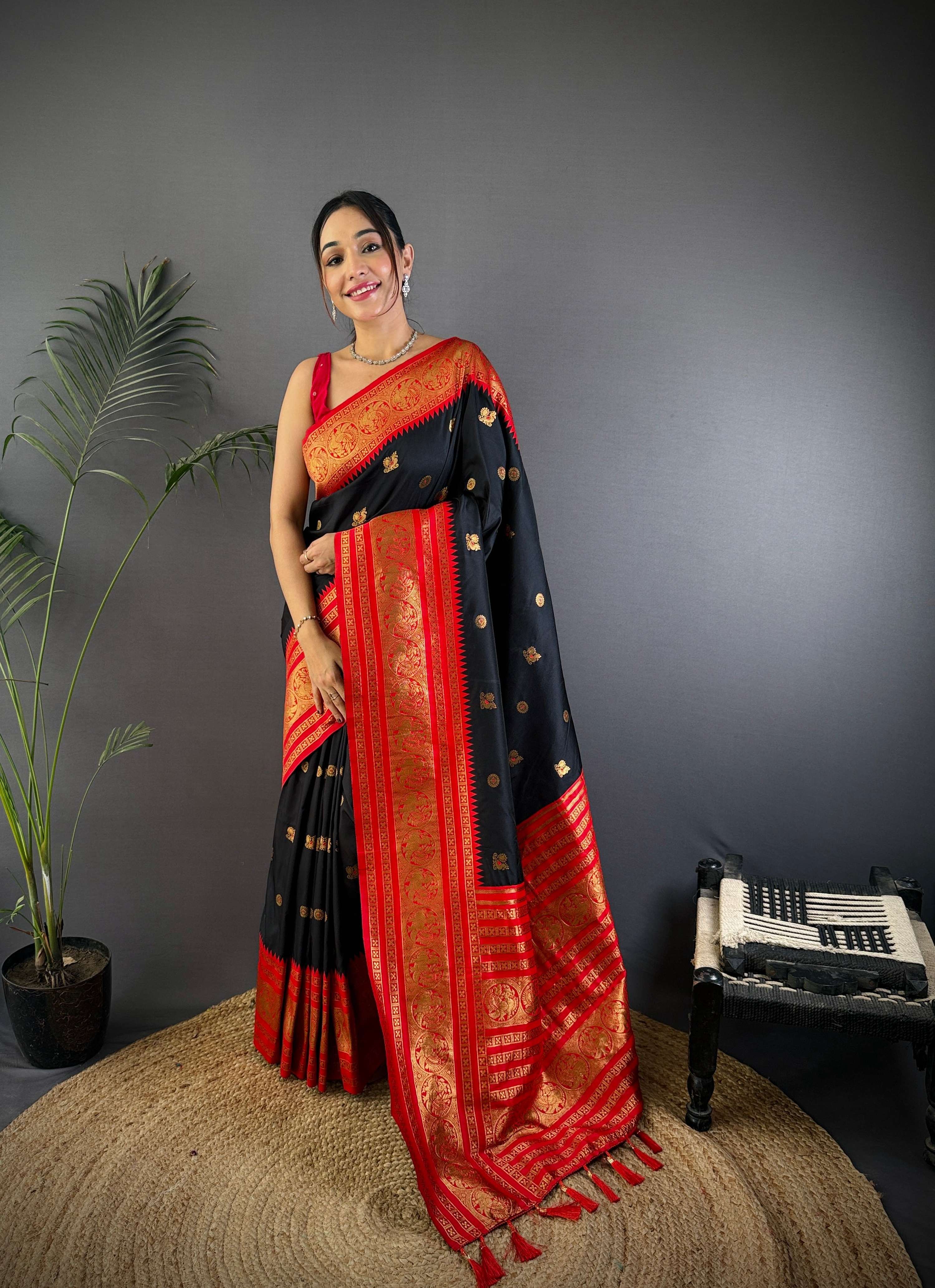 Sonakshi Women's Black Soft Silk Zari Woven Traditional Saree with Blouse