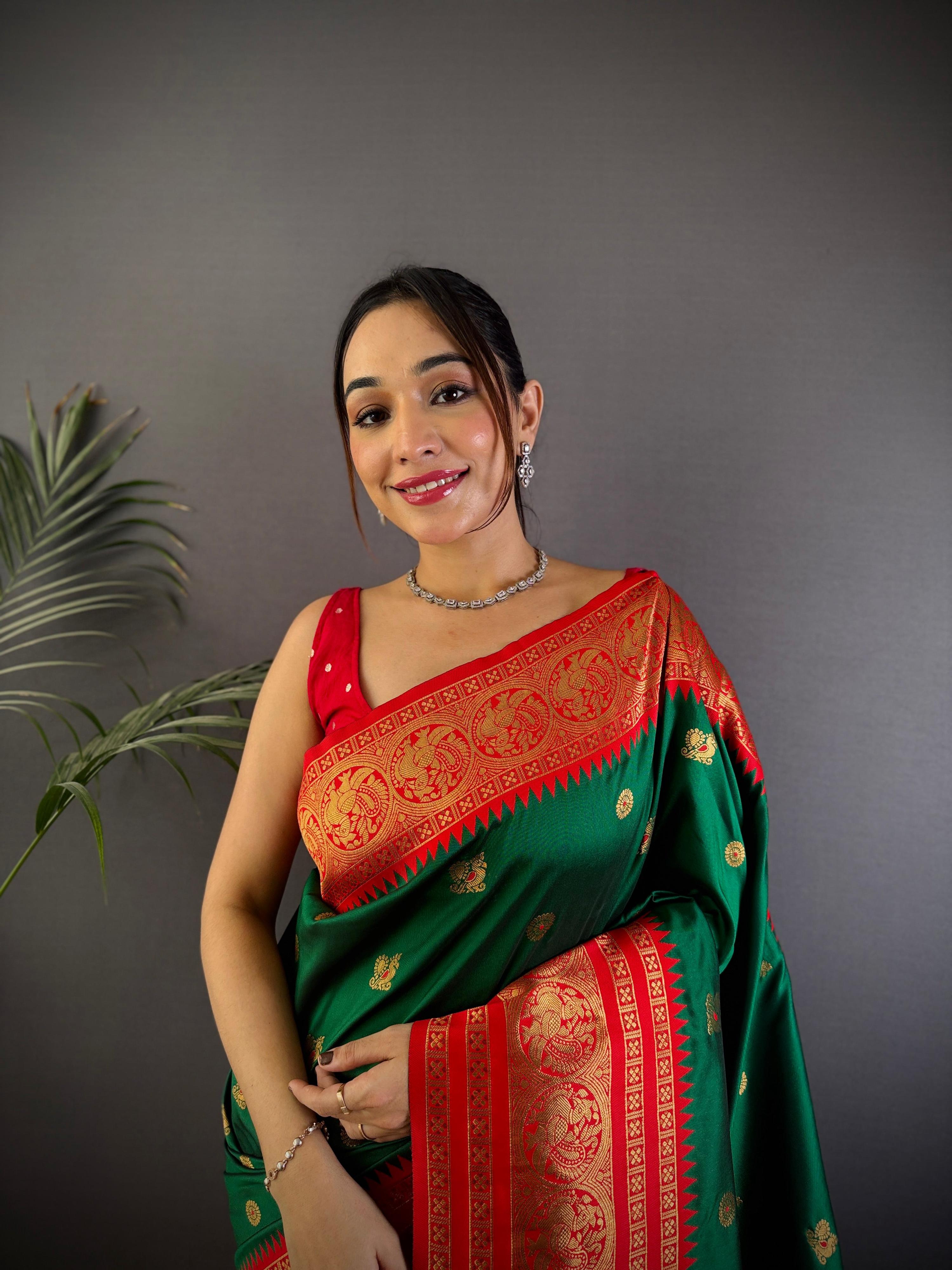 Sonakshi Women's Green Soft Silk Zari Woven Traditional Saree with Blouse