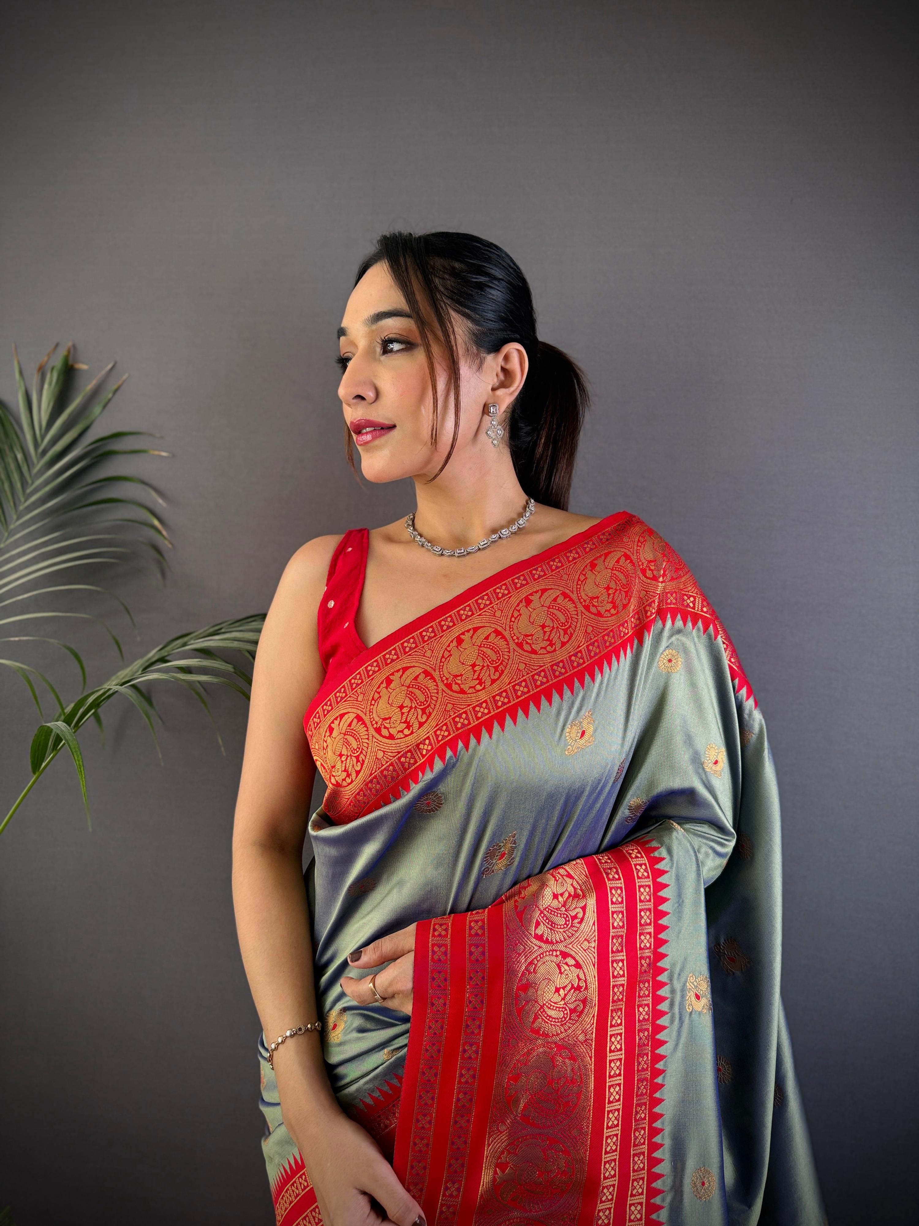 Sonakshi Women's Silver Soft Silk Zari Woven Traditional Saree with Blouse