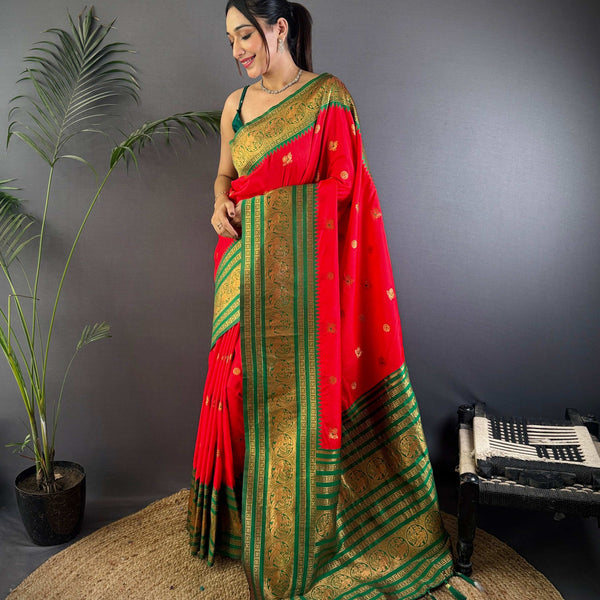 Sonakshi Women's Red Soft Silk Zari Woven Traditional Saree with Blouse - Distacart
