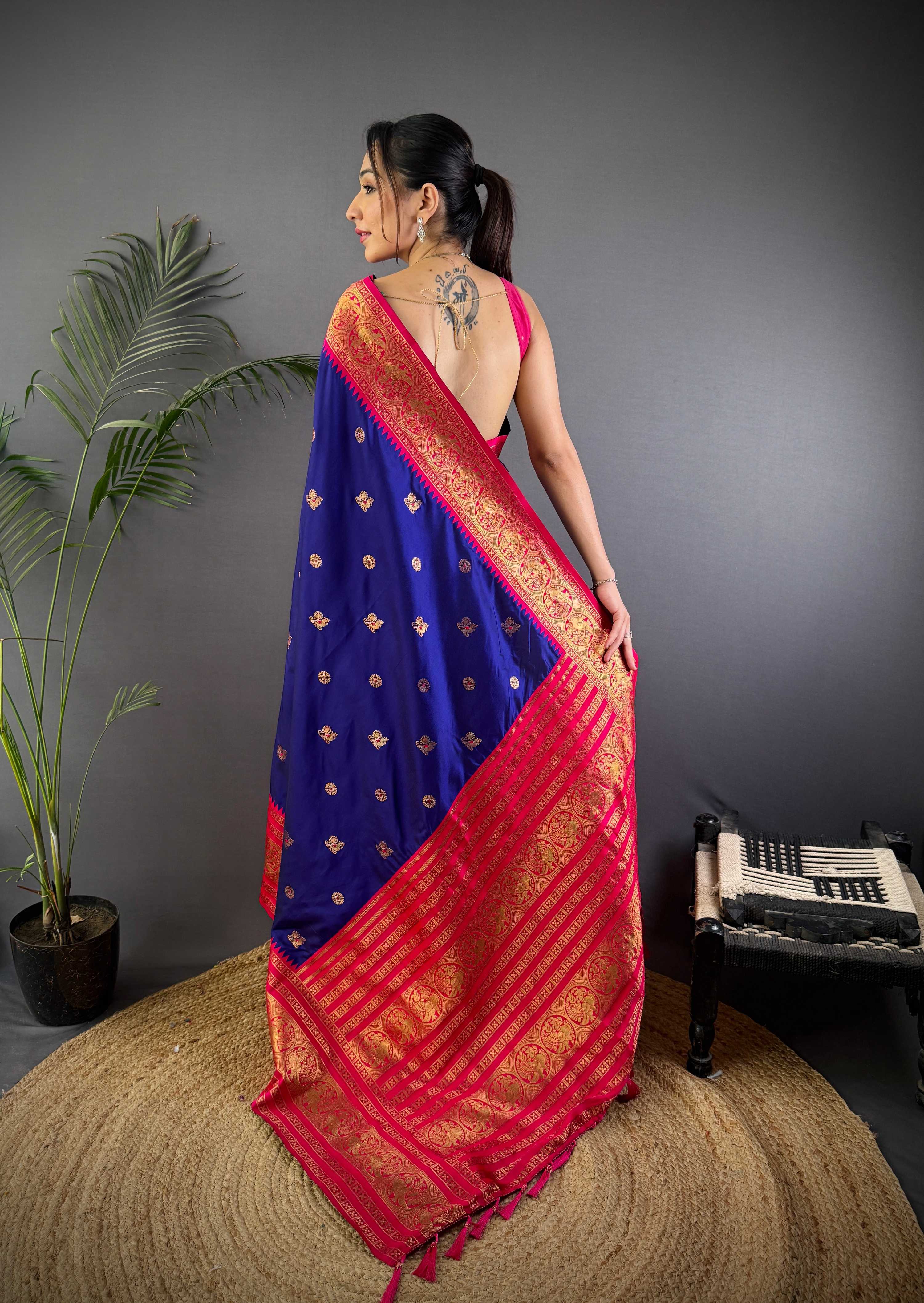 Sonakshi Women's Royal Blue Soft Silk Zari Woven Traditional Saree with Blouse