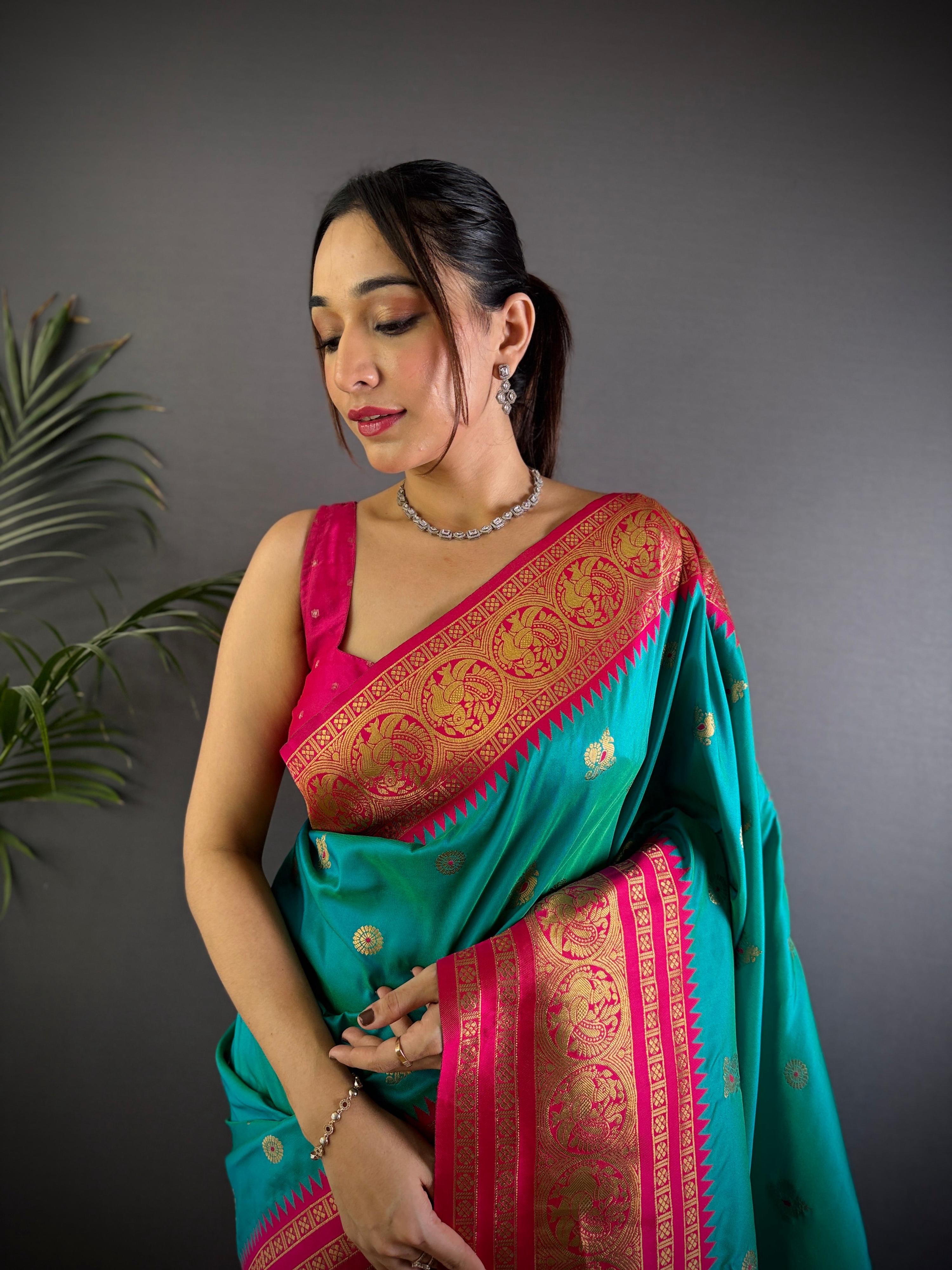 Sonakshi Women's Teal Soft Silk Zari Woven Traditional Saree with Blouse