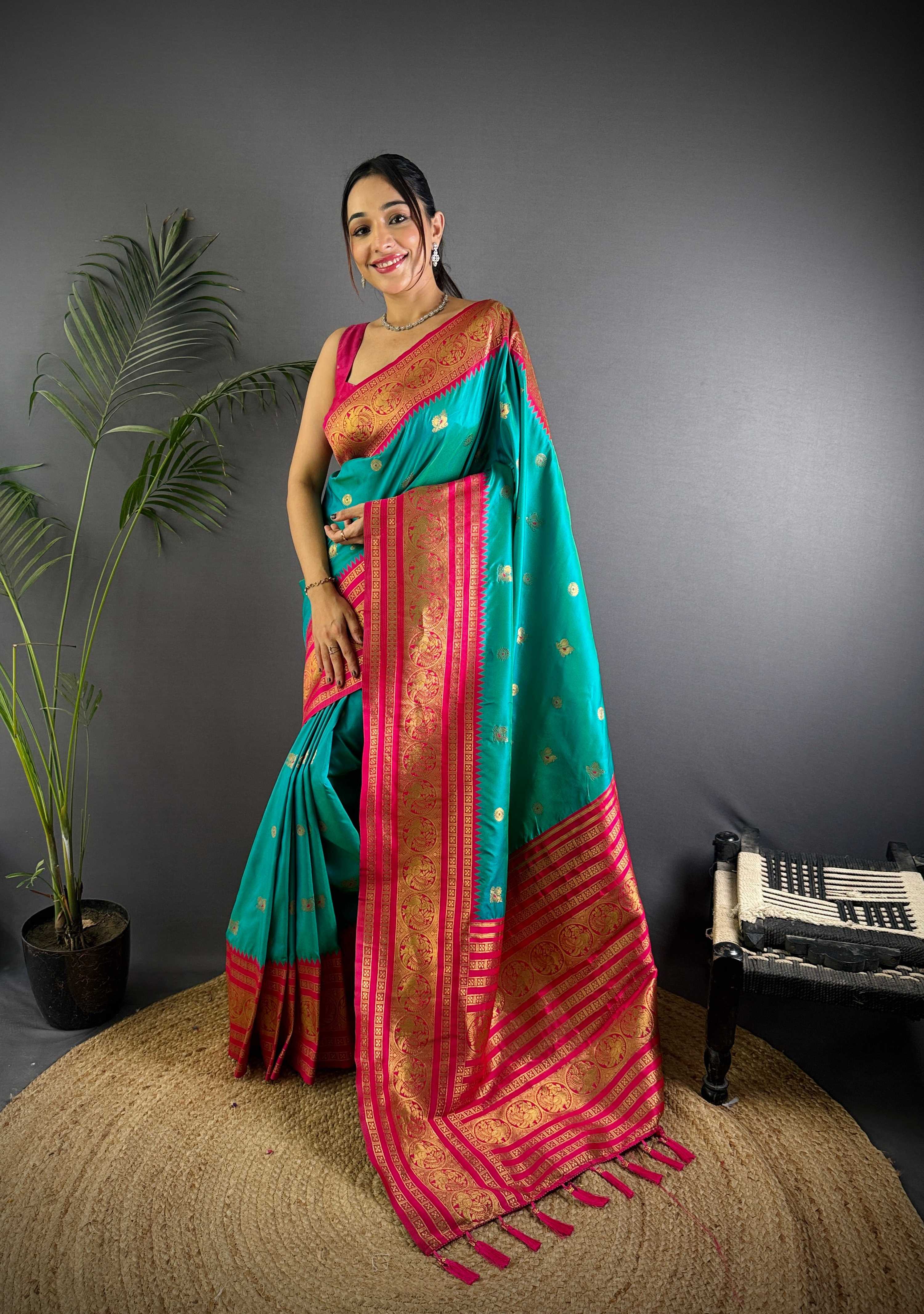 Sonakshi Women's Teal Soft Silk Zari Woven Traditional Saree with Blouse