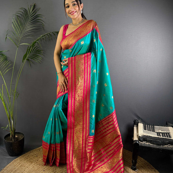 Sonakshi Women's Teal Soft Silk Zari Woven Traditional Saree with Blouse - Distacart