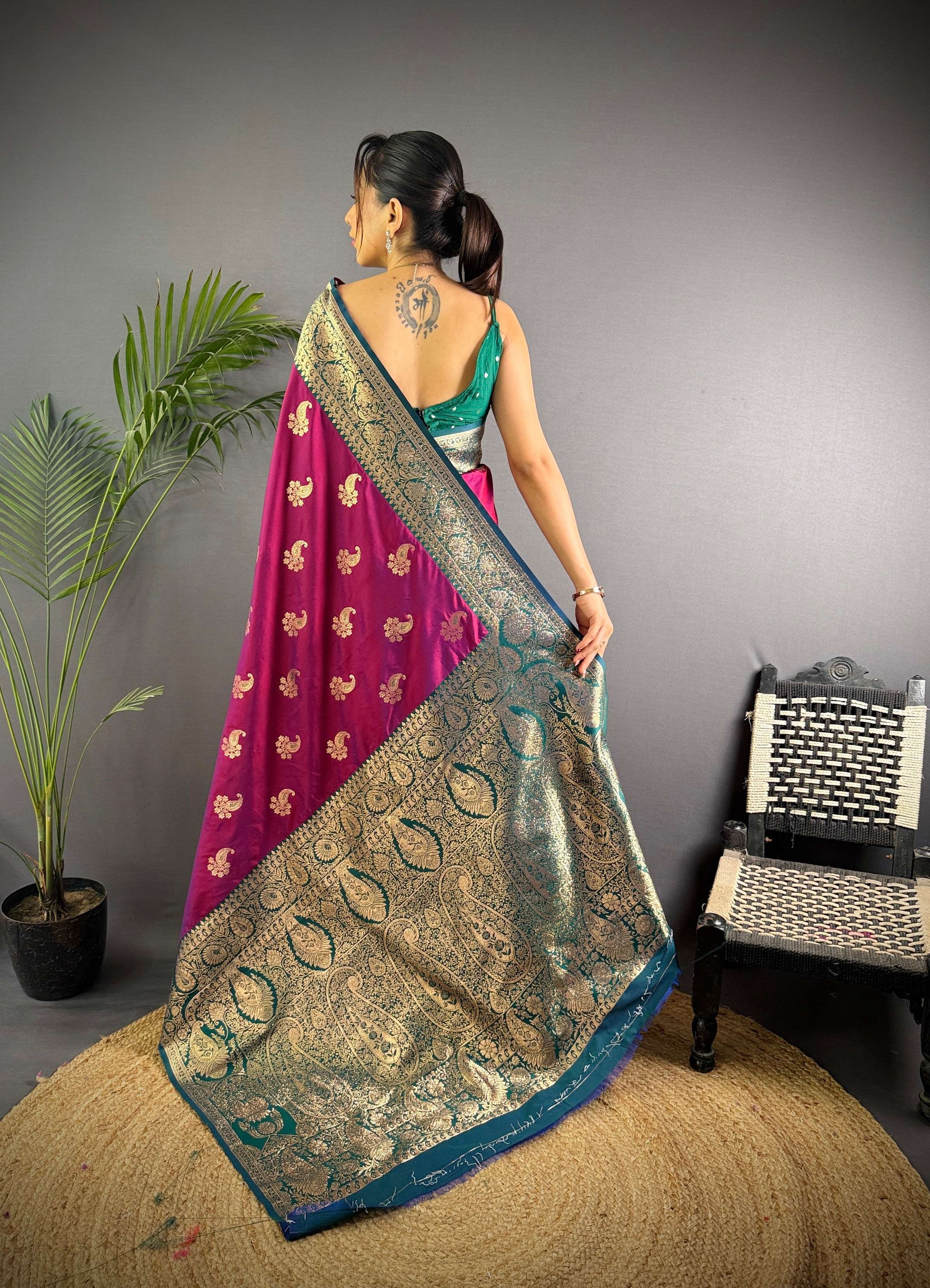 Sonakshi Women's Wine Banarasi Silk Zari Woven Traditional Saree with Blouse
