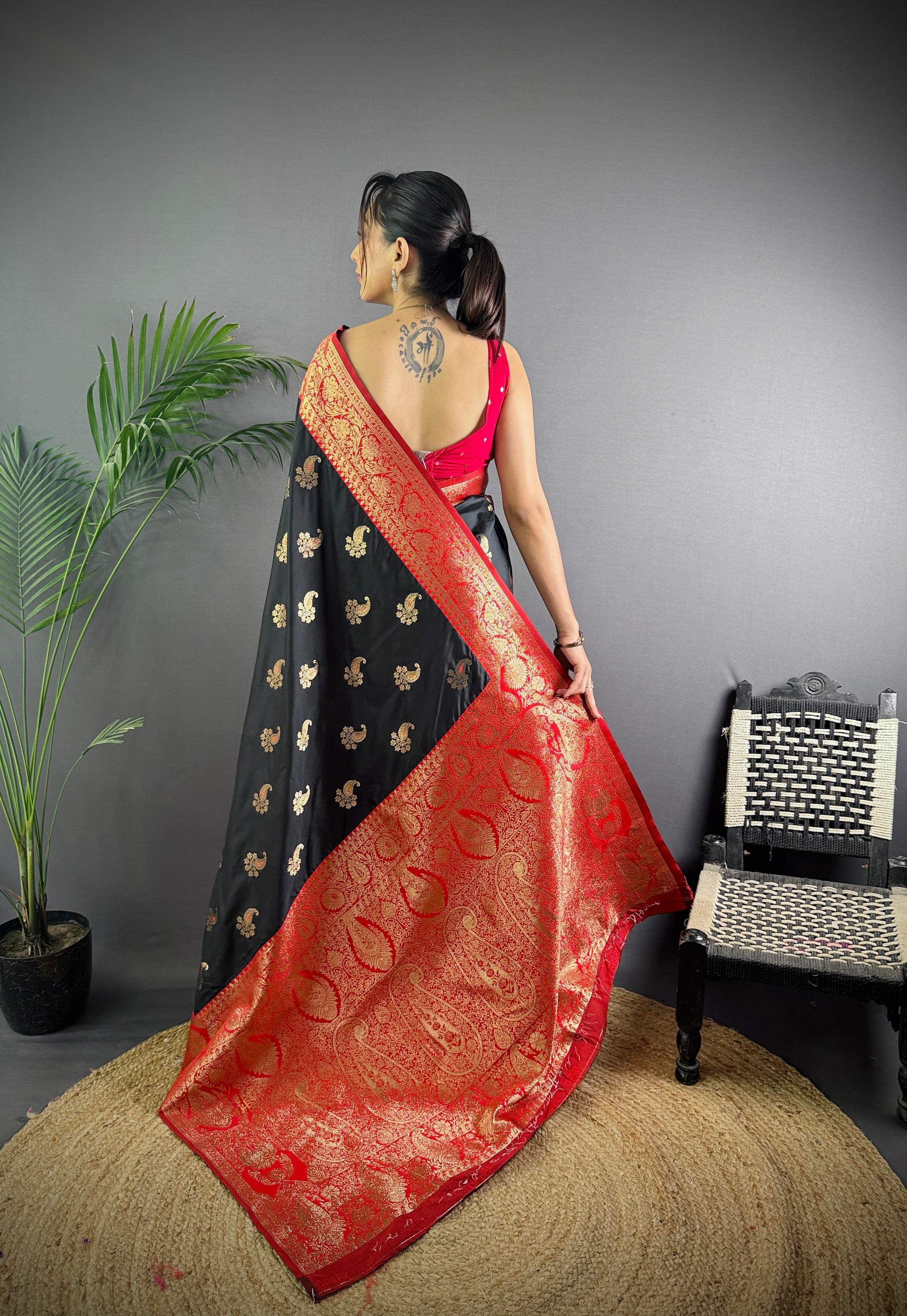 Sonakshi Women's Black Banarasi Silk Zari Woven Traditional Saree with Blouse