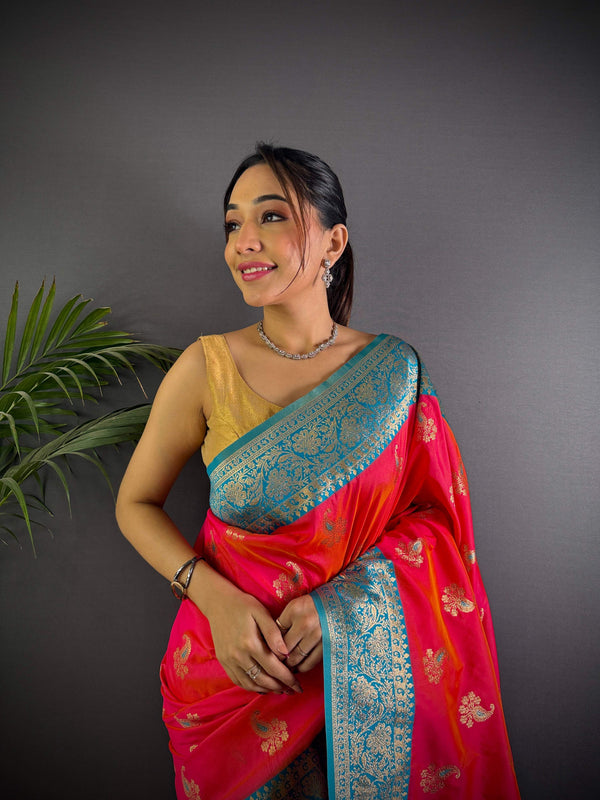 Sonakshi Women's Red Banarasi Silk Zari Woven Traditional Saree with Blouse