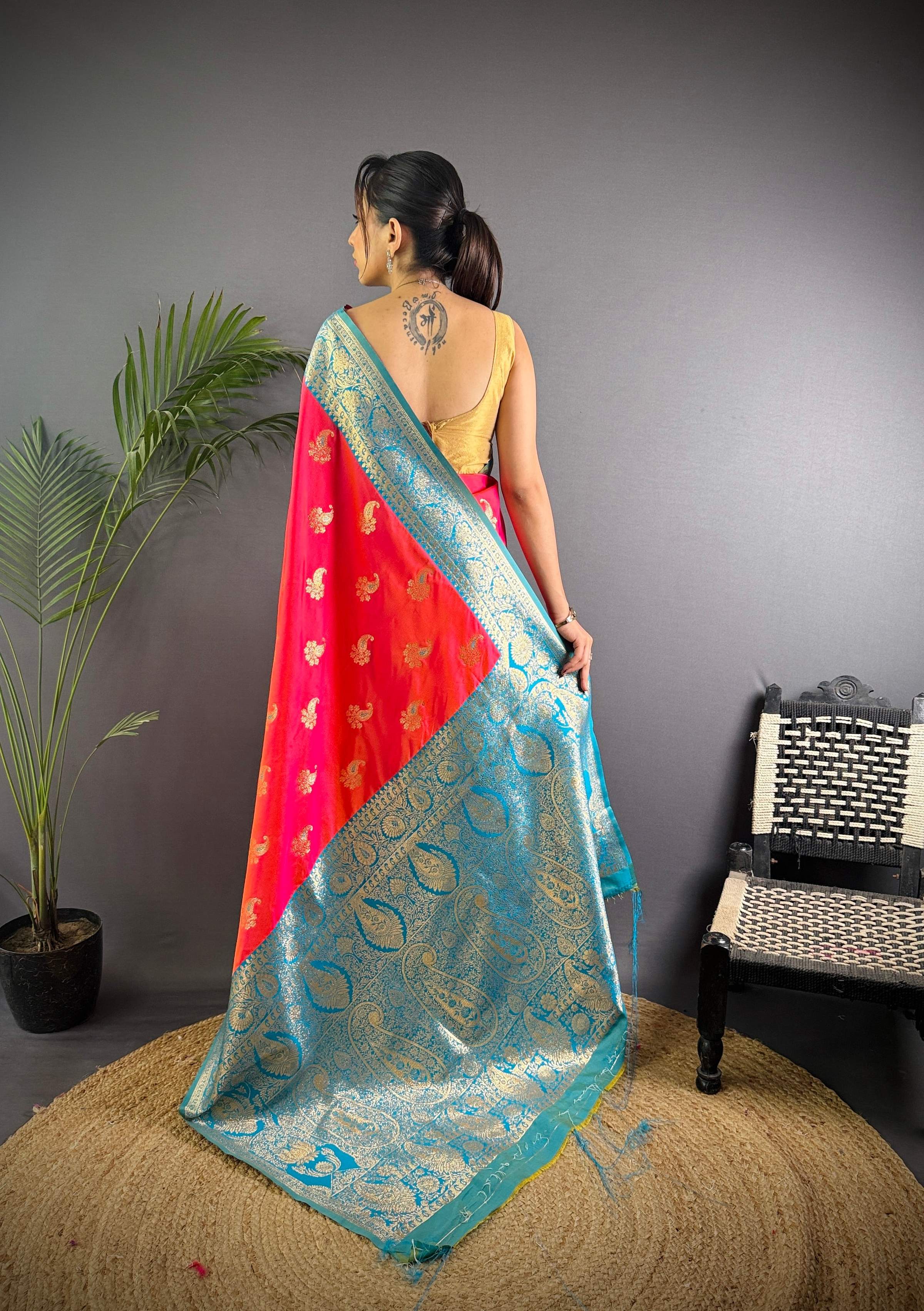Sonakshi Women's Red Banarasi Silk Zari Woven Traditional Saree with Blouse