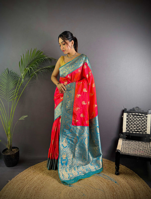Sonakshi Women's Red Banarasi Silk Zari Woven Traditional Saree with Blouse