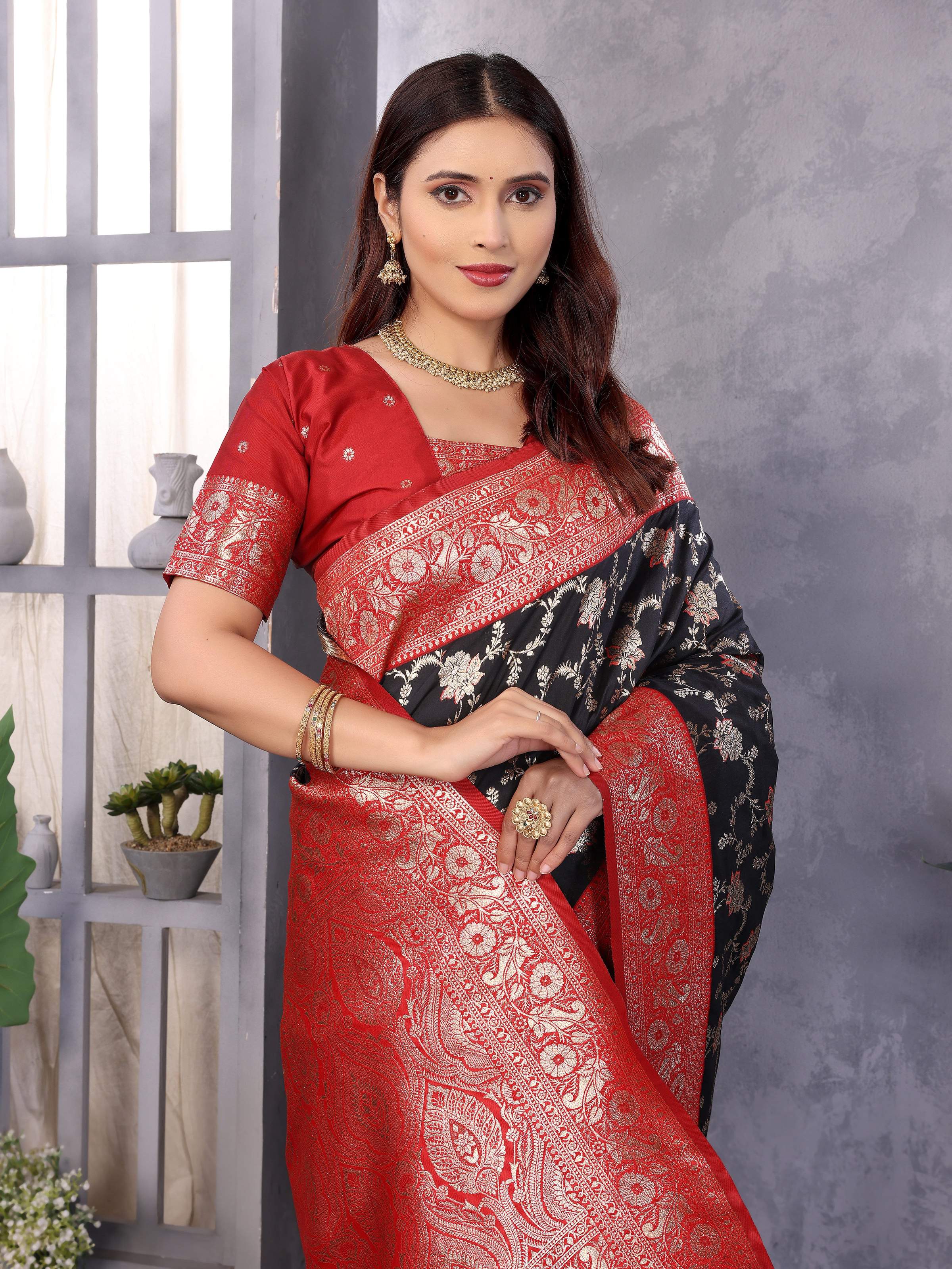 Sonakshi Women's Black Banarasi Silk Zari Woven Traditional Saree with Blouse