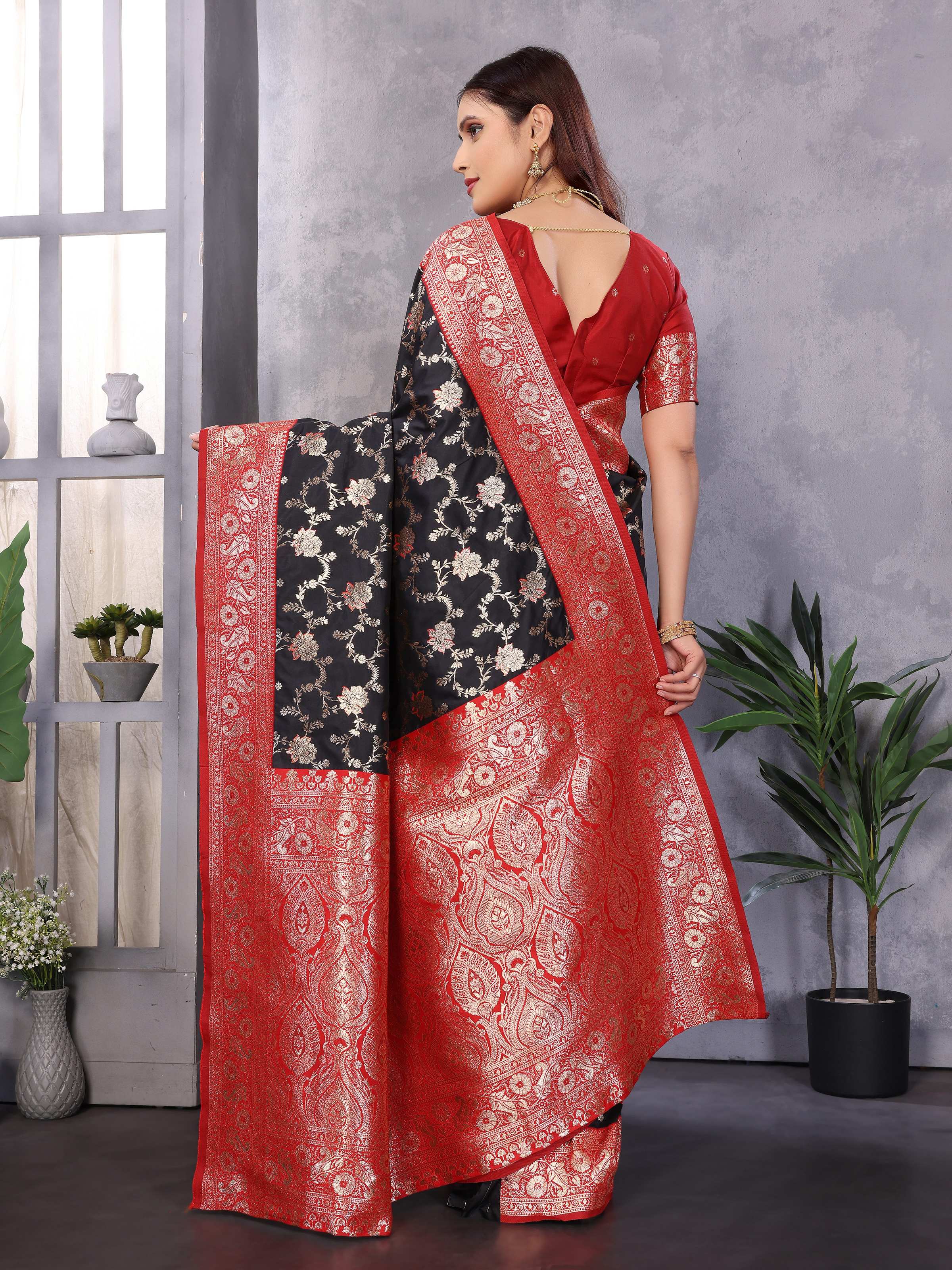 Sonakshi Women's Black Banarasi Silk Zari Woven Traditional Saree with Blouse