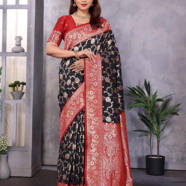 Sonakshi Women's Black Banarasi Silk Zari Woven Traditional Saree with Blouse - Distacart