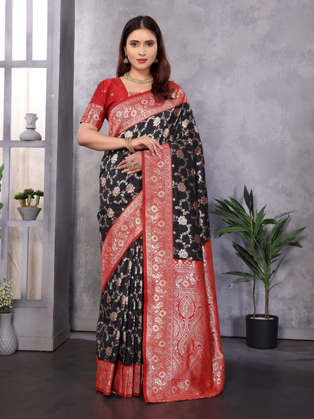 Sonakshi Women's Black Banarasi Silk Zari Woven Traditional Saree with Blouse